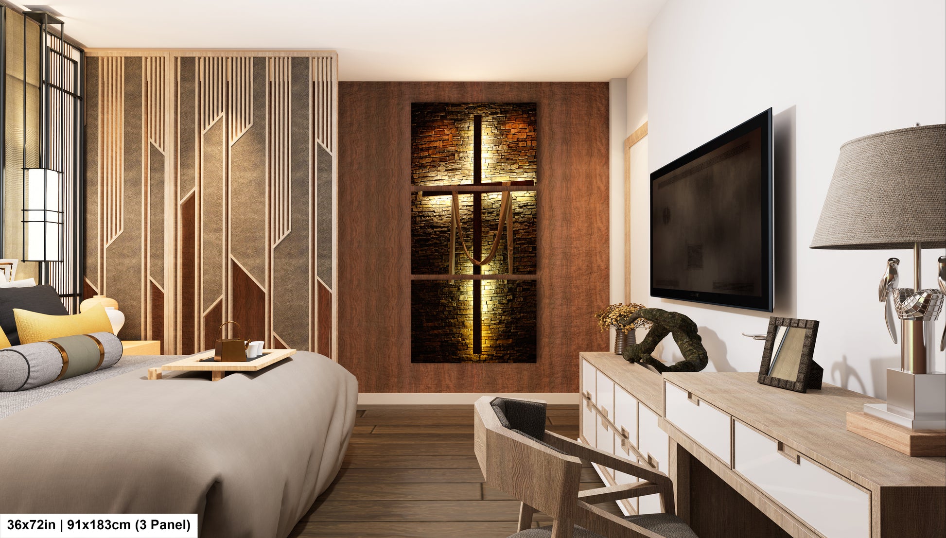 a bed room with a neatly made bed and a flat screen tv