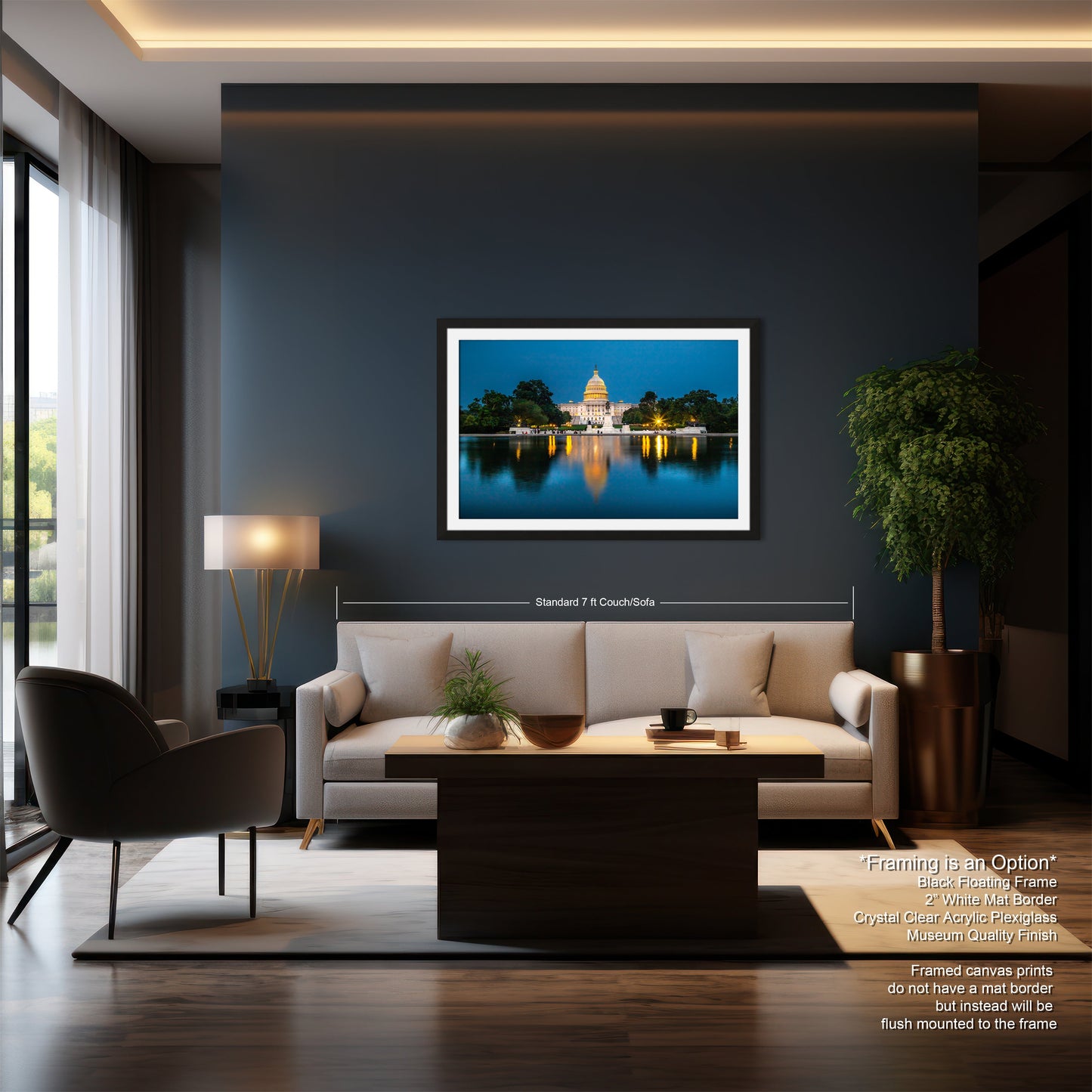 a living room with a couch a table and a painting on the wall