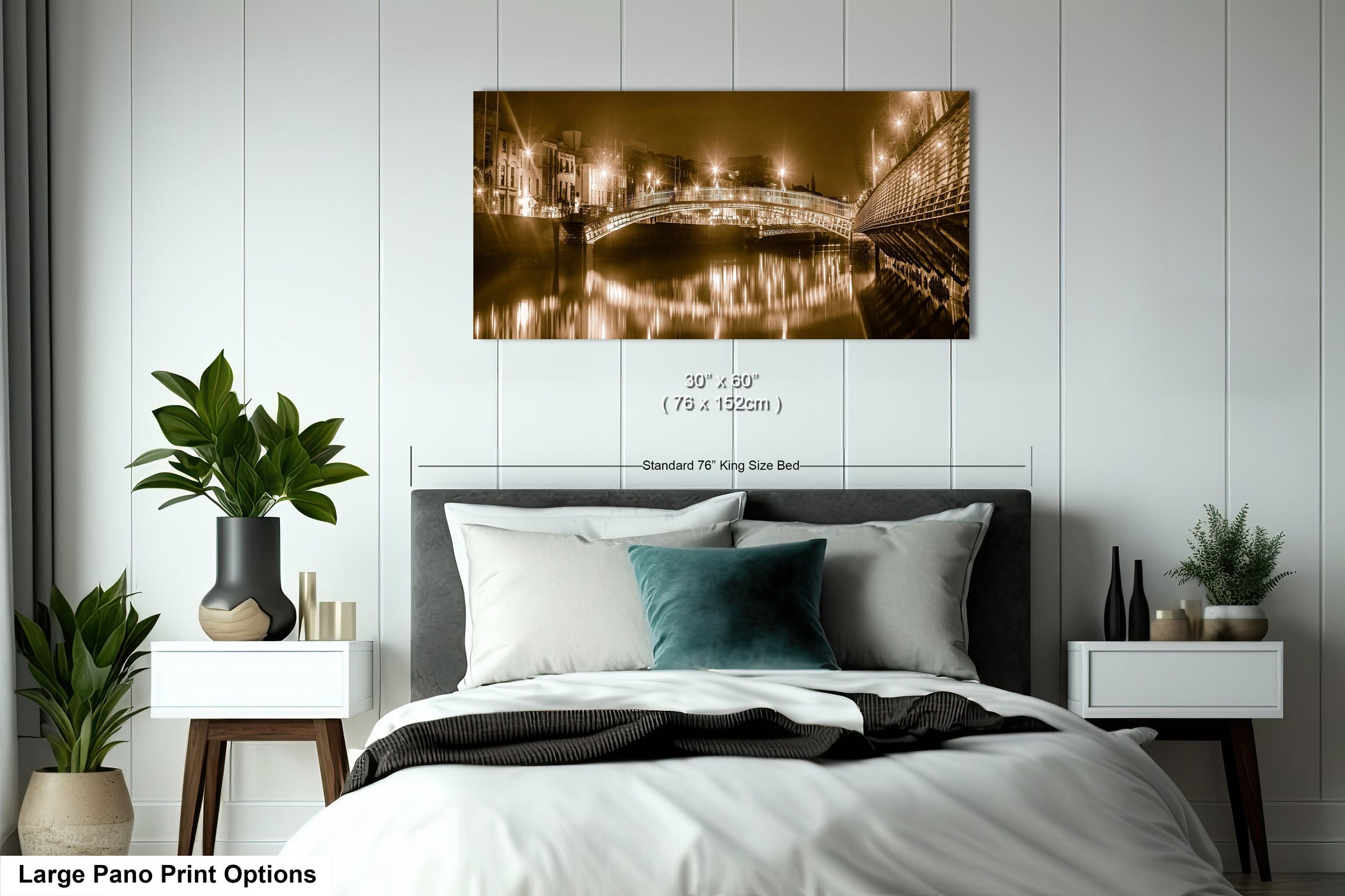a bed room with a neatly made bed and a painting on the wall