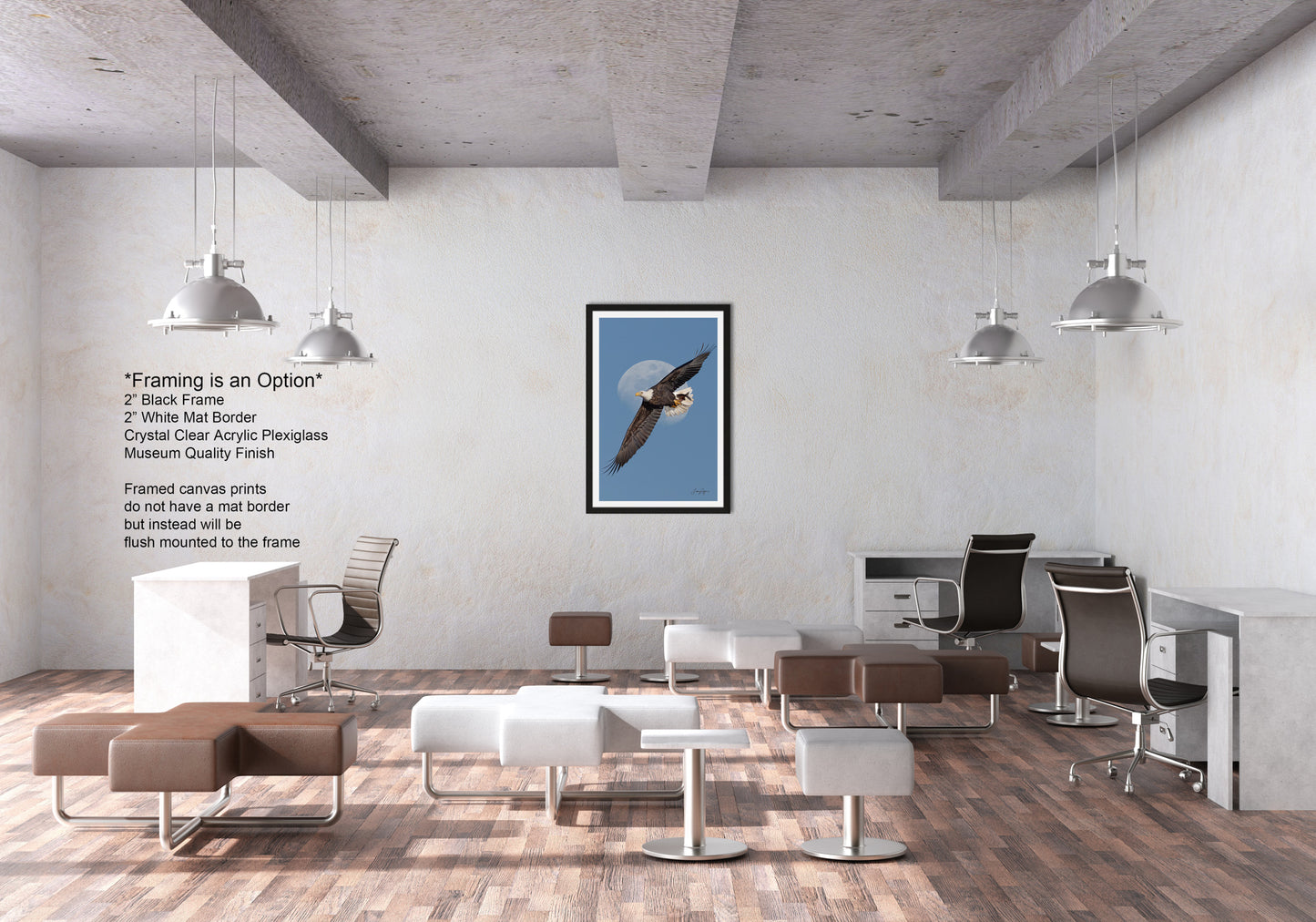 a modern office space with a minimalist design, featuring a large framed artwork of a bird in flight on the wall, a desk with a chair, and various seating options including ottomans and chairs.