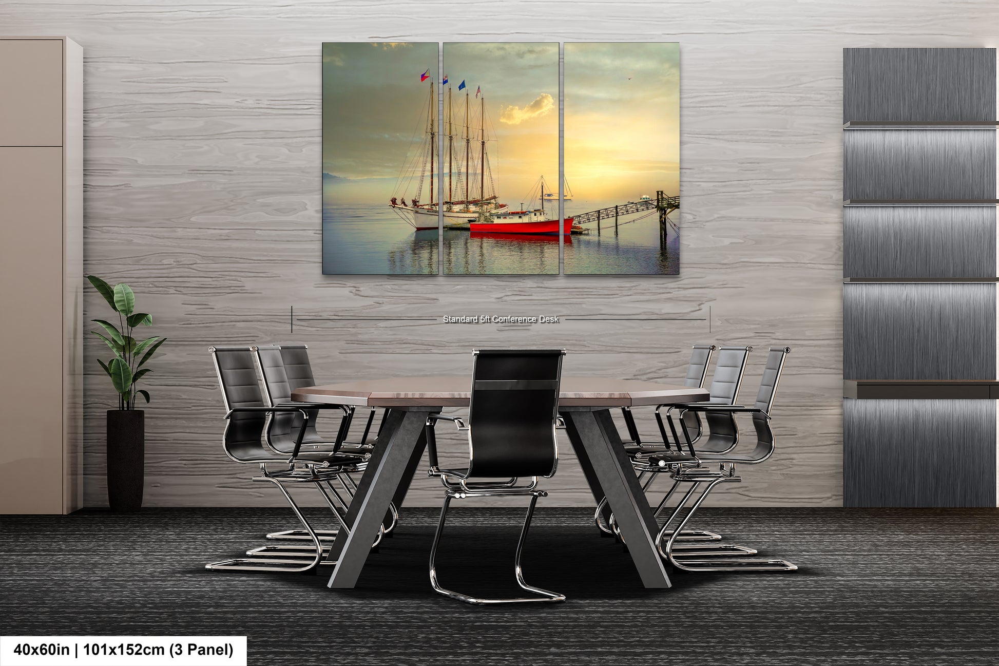 a dining room table with chairs and a painting on the wall