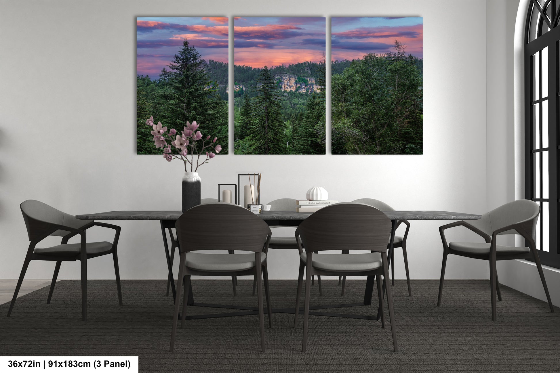 a dining room with a table and chairs