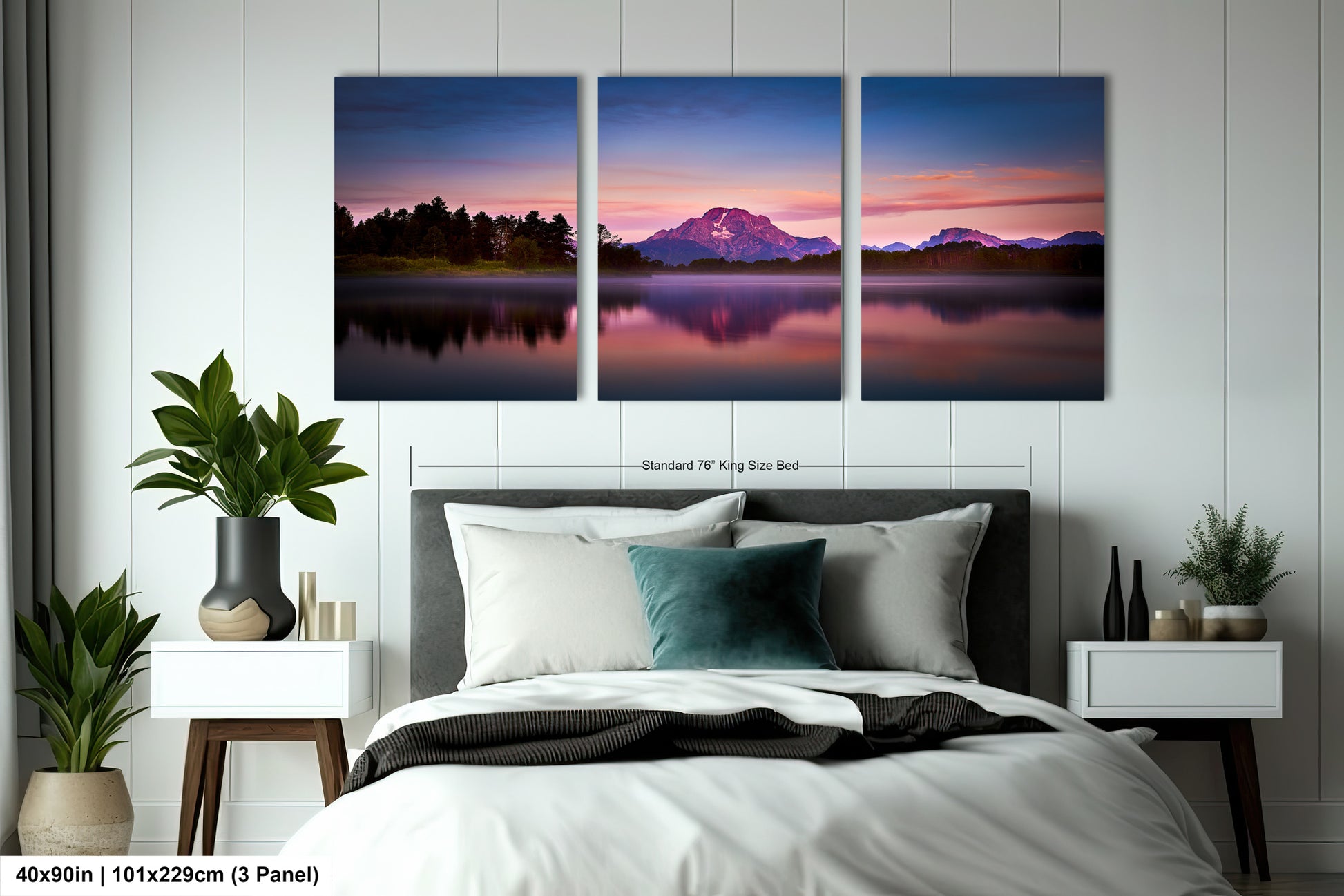 a bedroom scene with a bed and two paintings on the wall
