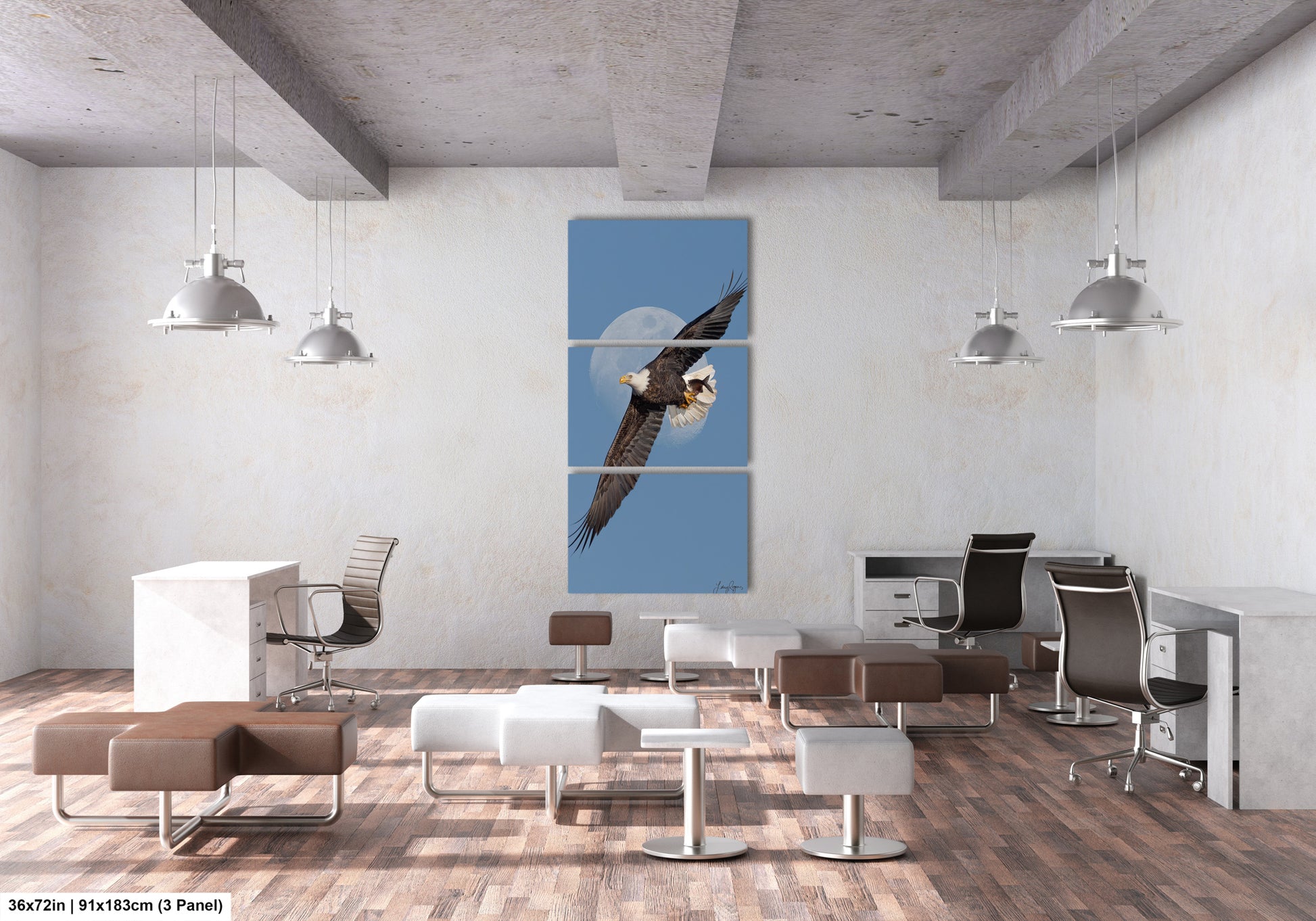 The image is a modern office space with a large blue wall featuring a triptych of a bald eagle in flight. The office is furnished with various chairs, tables, and lamps, creating a professional and contemporary atmosphere.