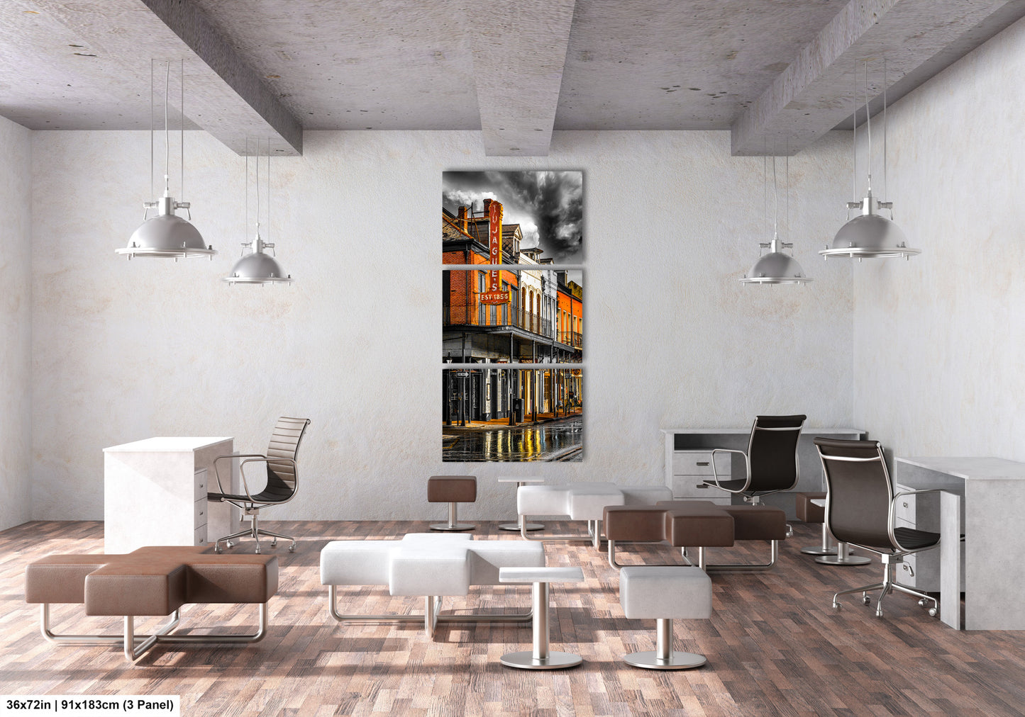 a room filled with lots of furniture and a painting on the wall