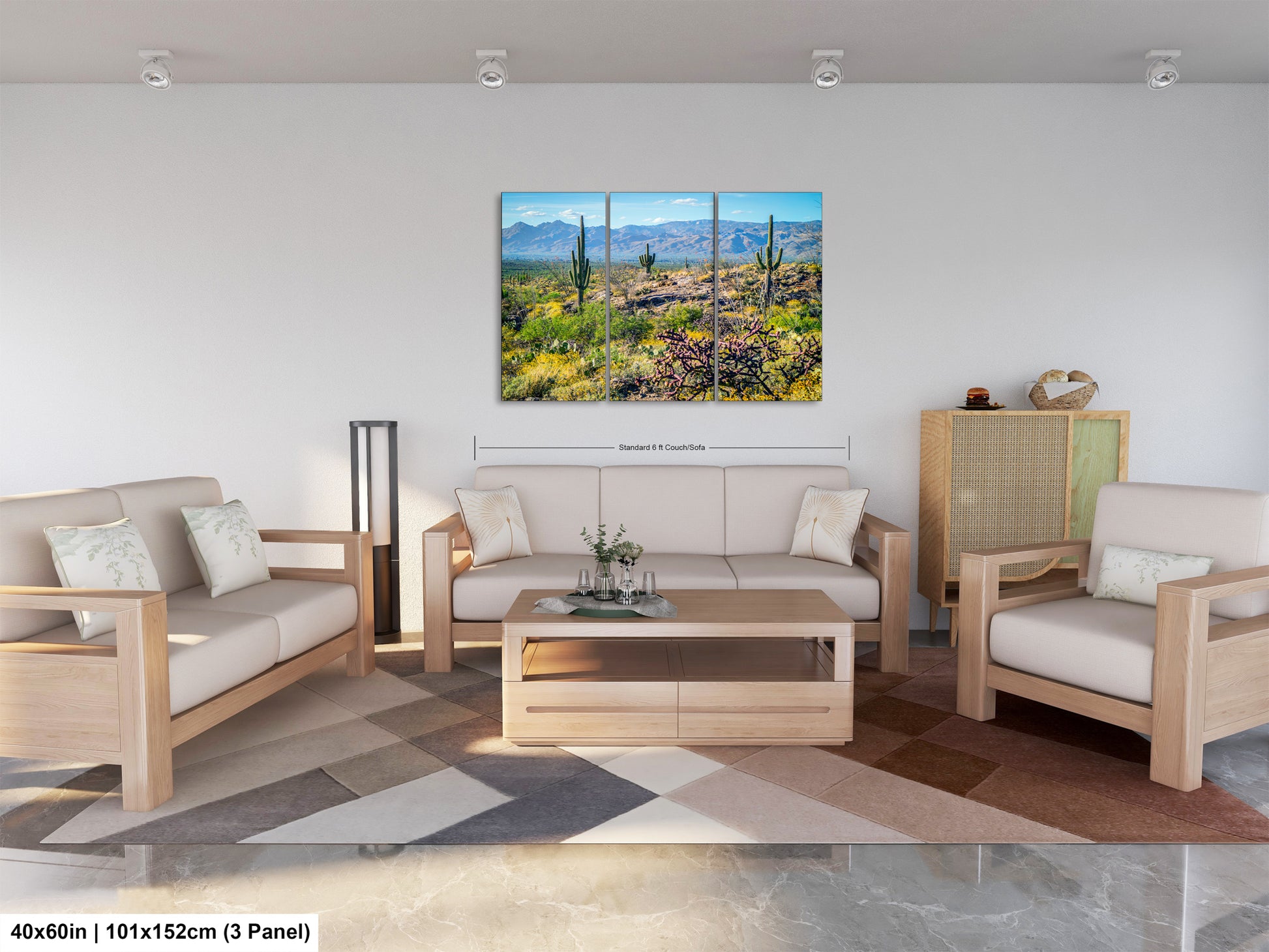 The image is a modern living room with a large, colorful painting of a desert landscape hanging on the wall. The room is furnished with a sofa, two chairs, and a coffee table. The painting is framed in a 3x3 panel, and the dimensions are provided as 40 inches by 101.5 centimeters.