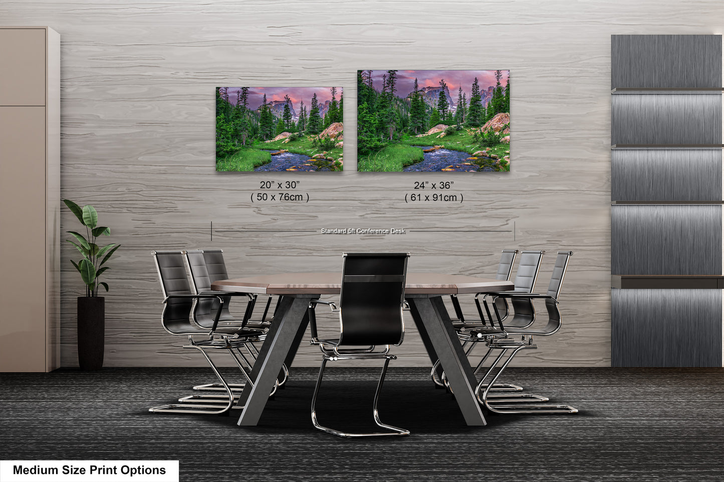 a dining room table with chairs and two pictures on the wall