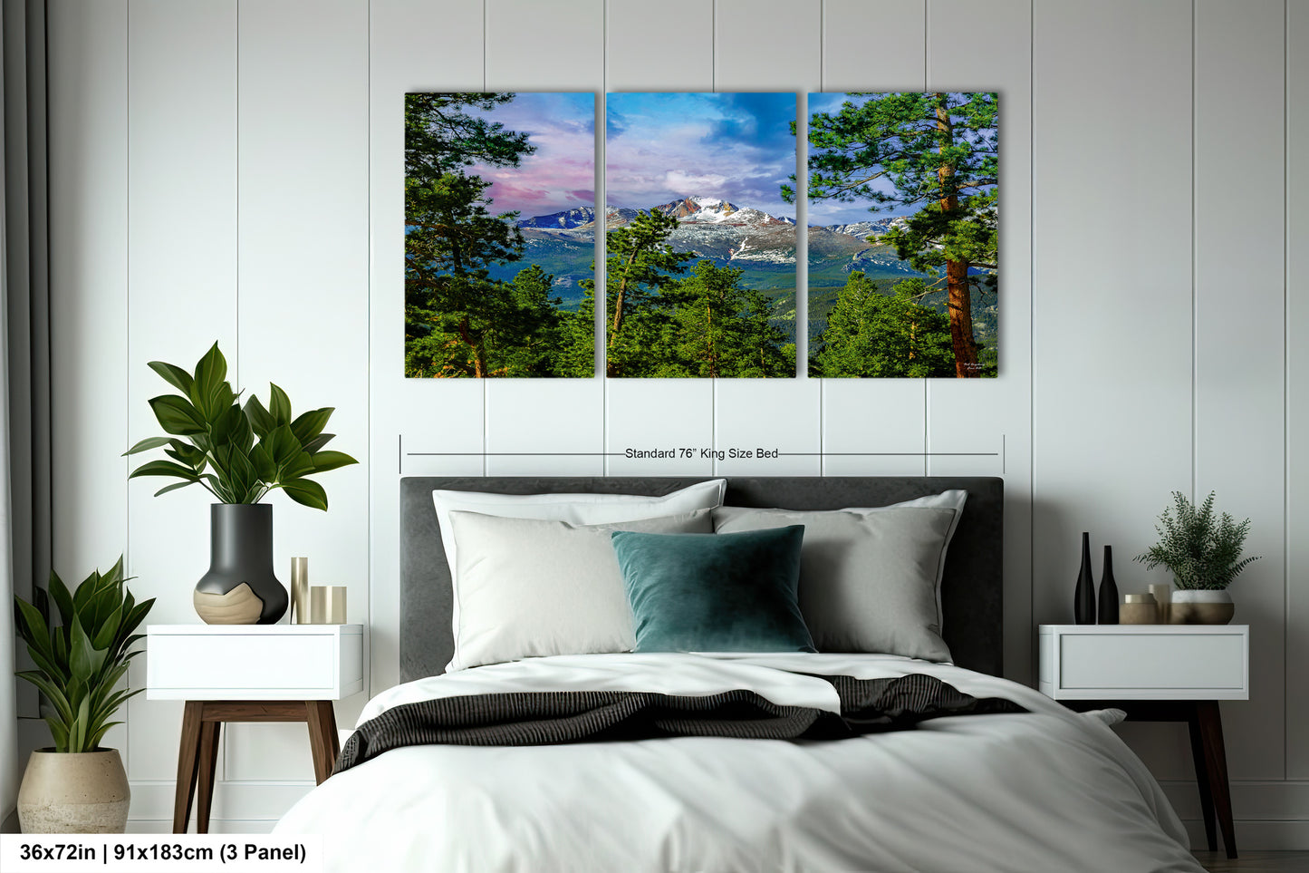a bedroom scene with a bed and two paintings on the wall