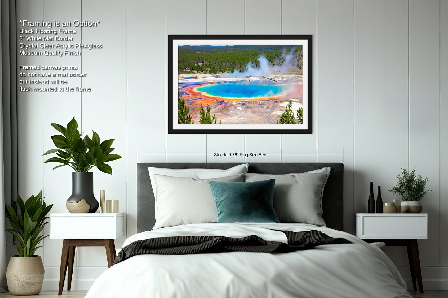 a bedroom with a large bed and a painting on the wall