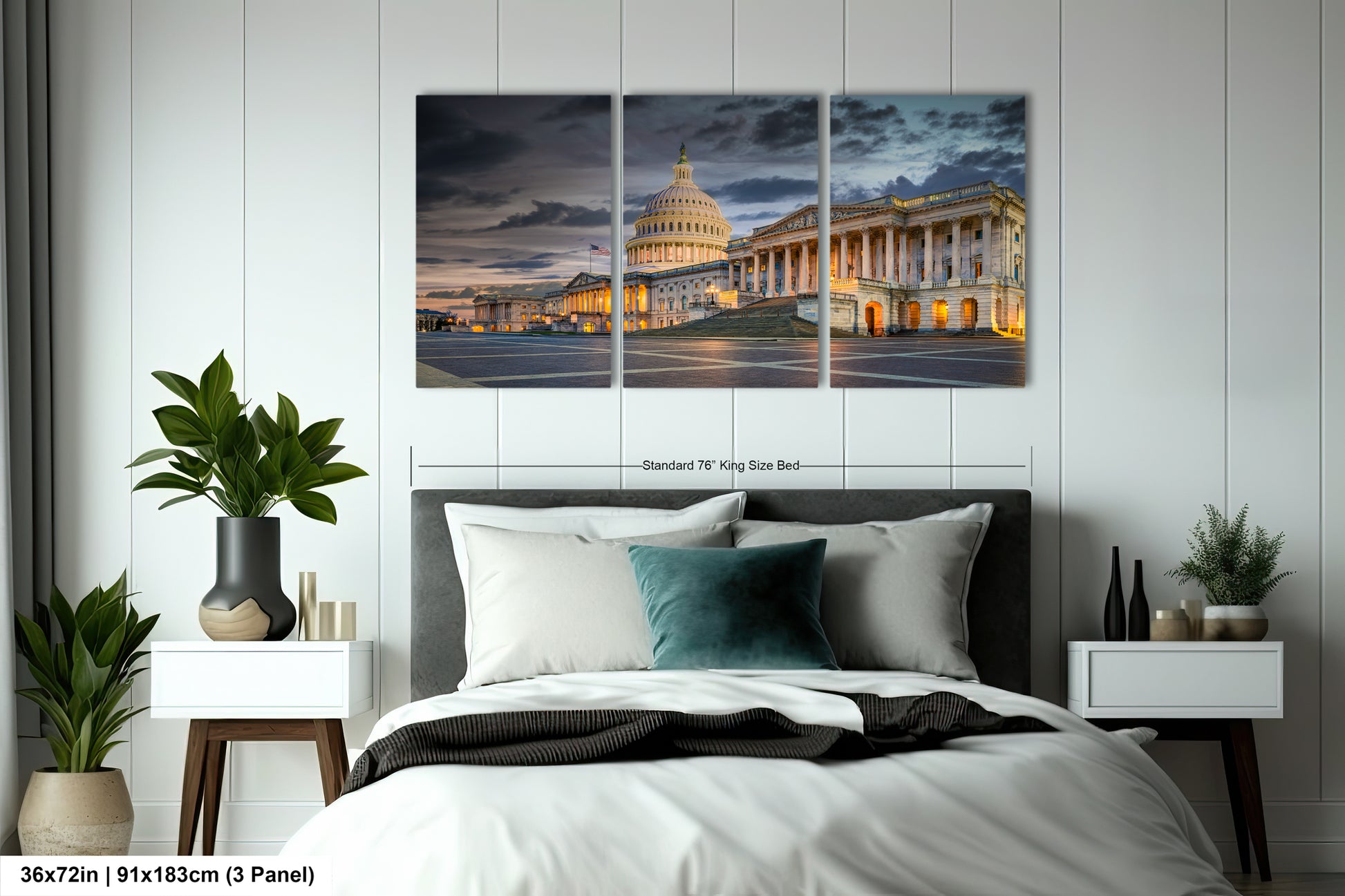 a bedroom with a bed and two paintings on the wall