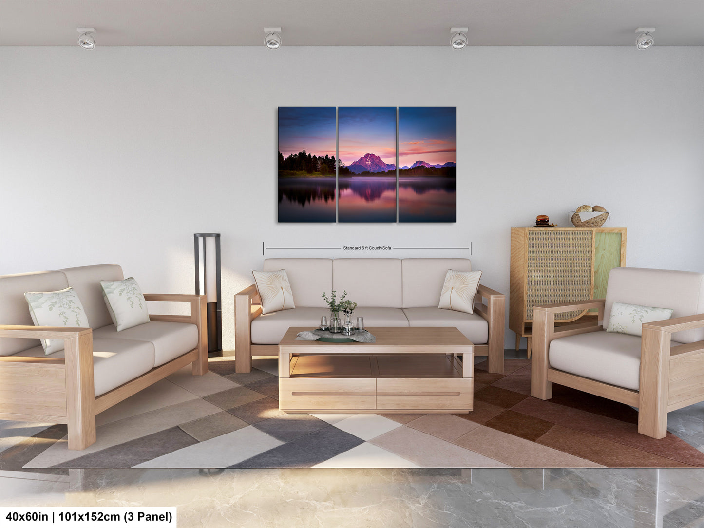 a living room filled with furniture and a painting on the wall