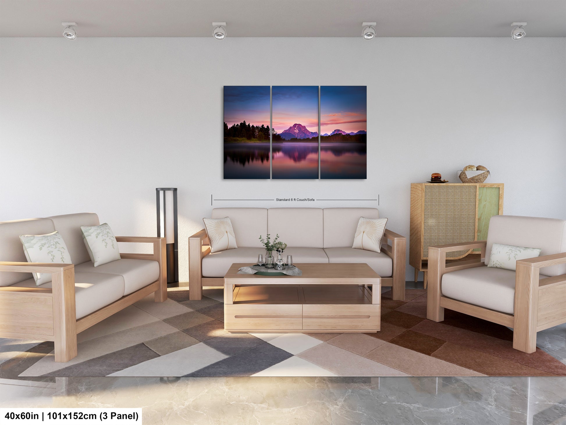 a living room filled with furniture and a painting on the wall