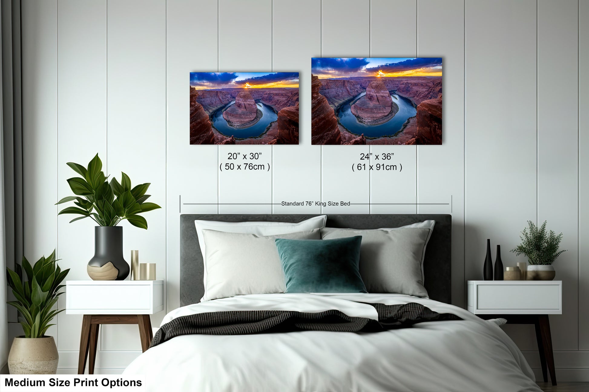 a bedroom with a bed and two pictures on the wall