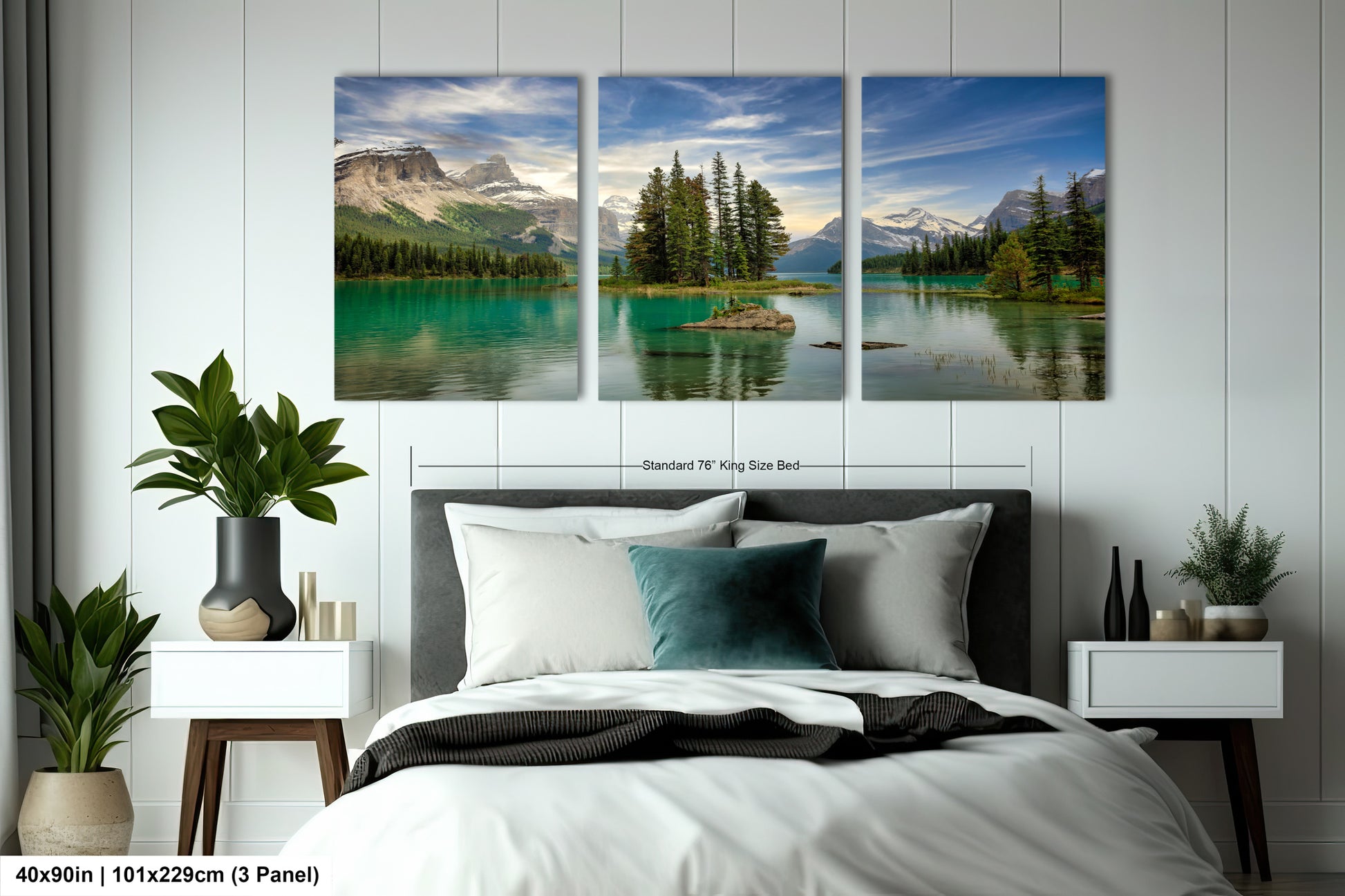 a bedroom scene with a bed and two paintings on the wall