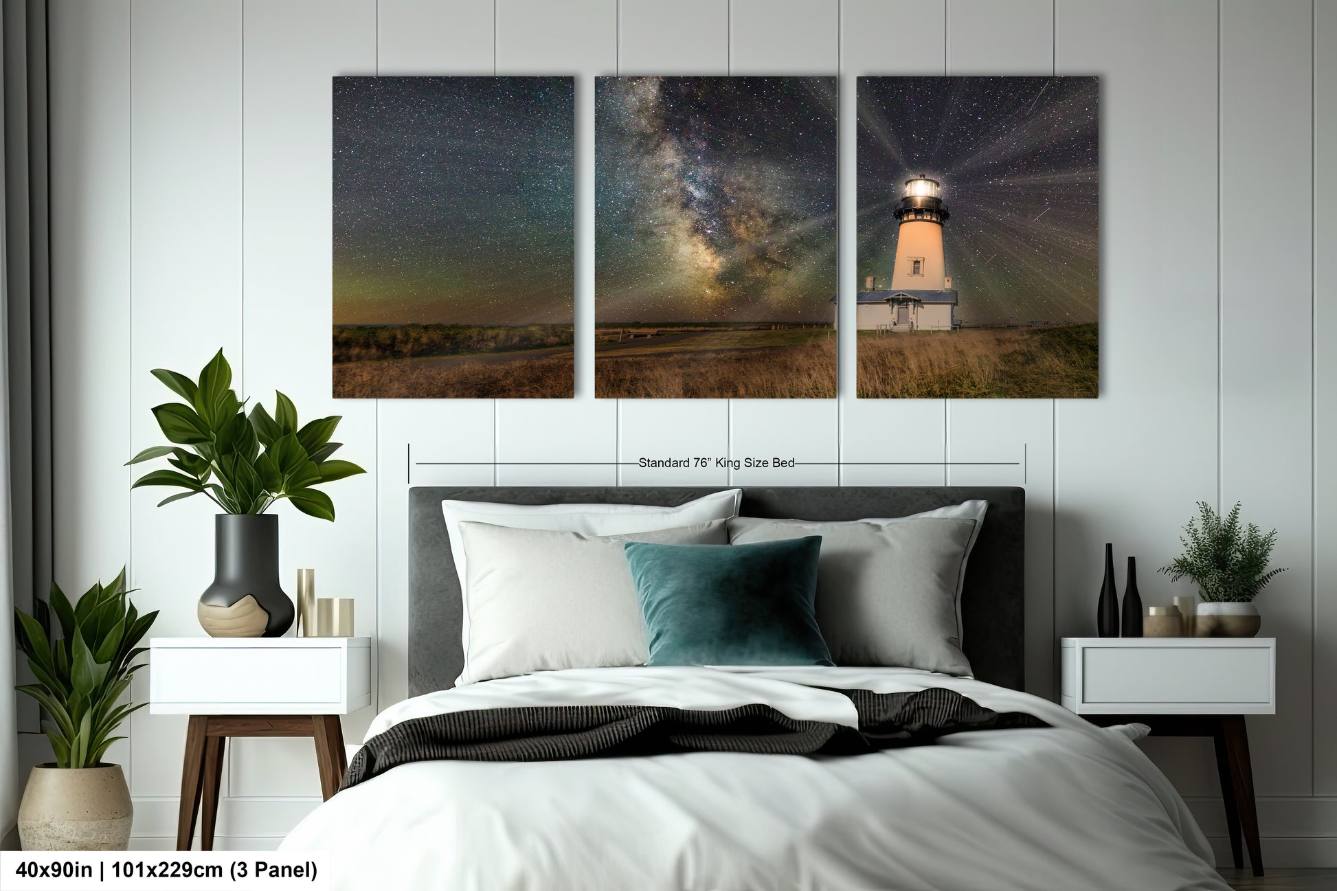 a bedroom with a bed and two pictures on the wall