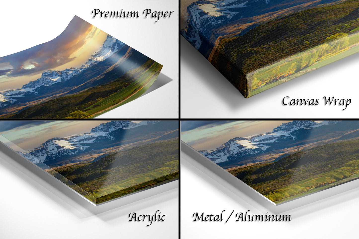 The image is a collage of four different images, each depicting a landscape with mountains, trees, and a body of water. The images are labeled as "Premium Paper", "Canvas Wrap", "Acrylic", and "Metal/Aluminum".