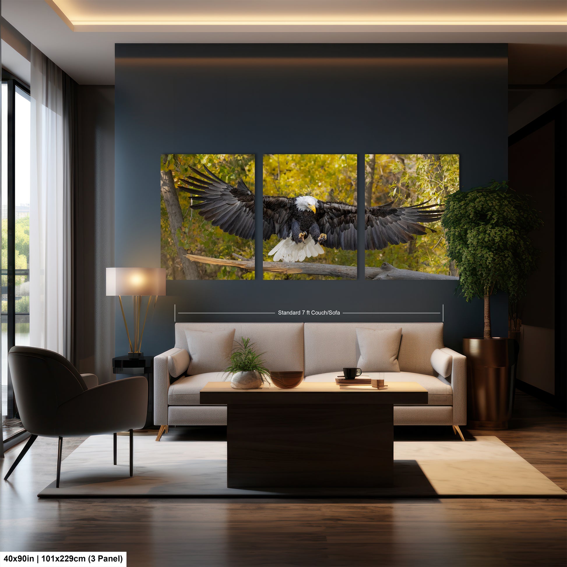a living room filled with furniture and a painting of an eagle