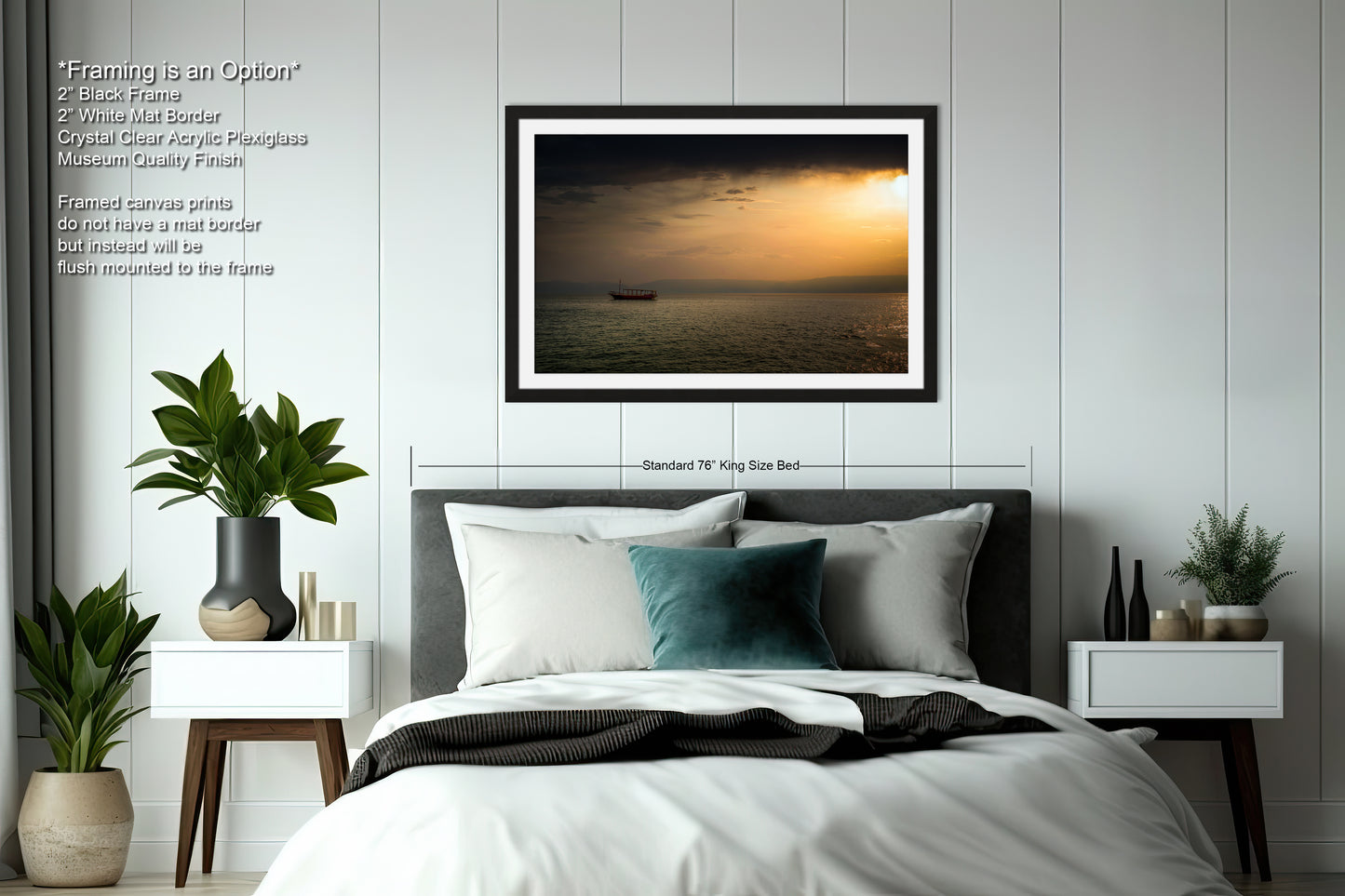 a bedroom with a bed and a picture on the wall