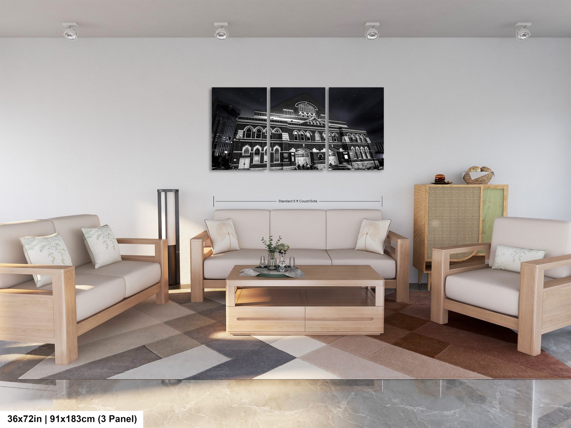 a living room filled with furniture and a painting on the wall