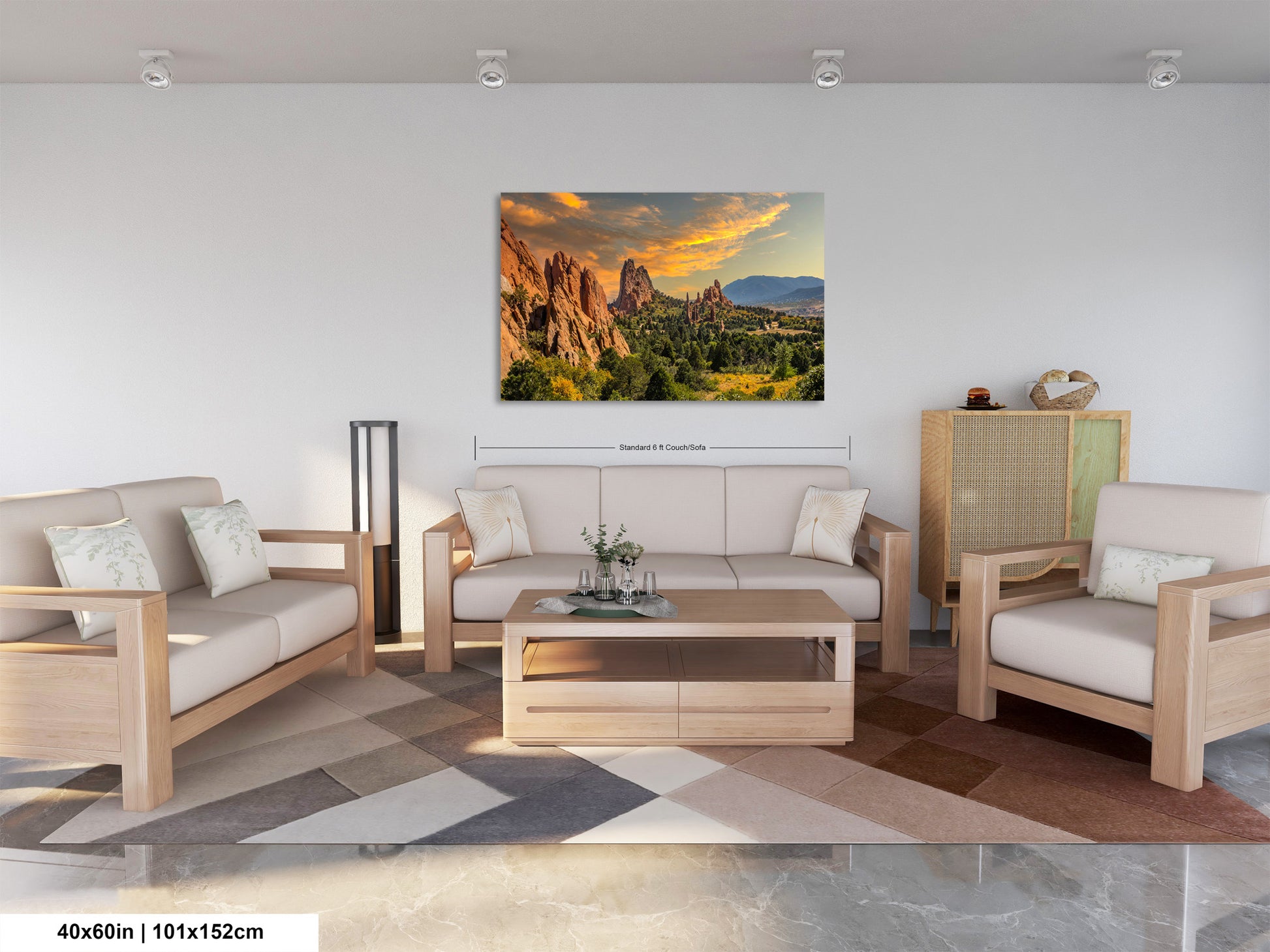 a living room filled with furniture and a painting on the wall