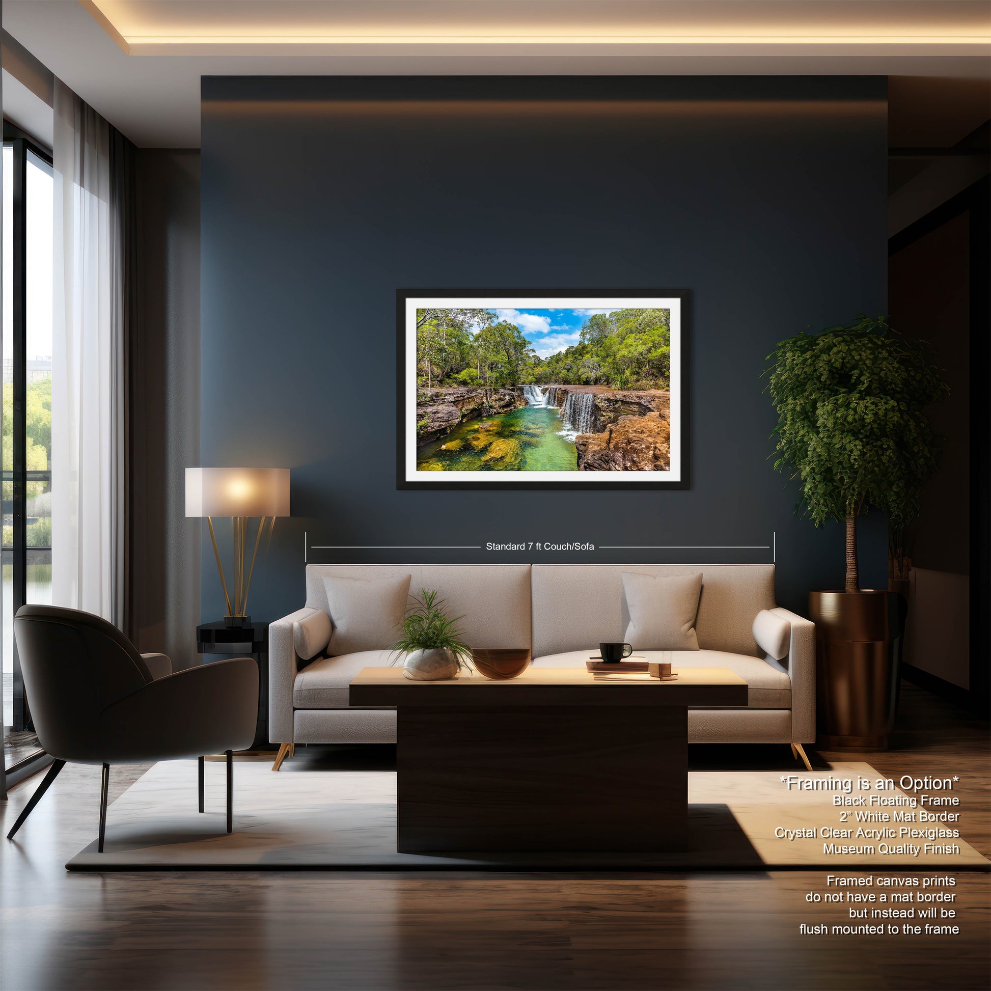 a living room with a couch a table and a painting on the wall