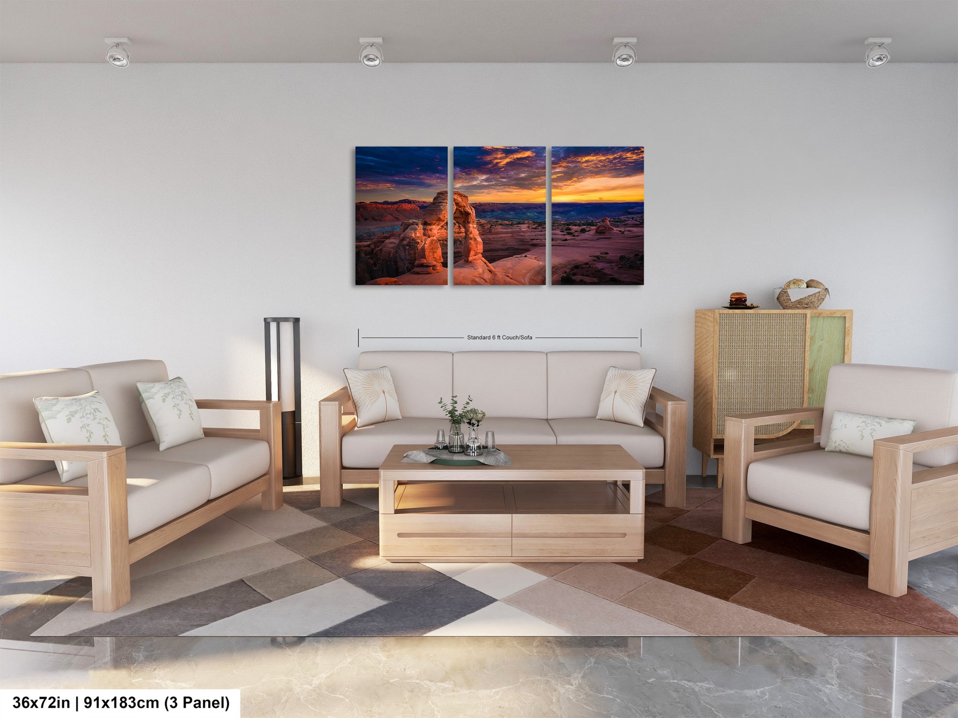 a living room filled with furniture and a painting on the wall