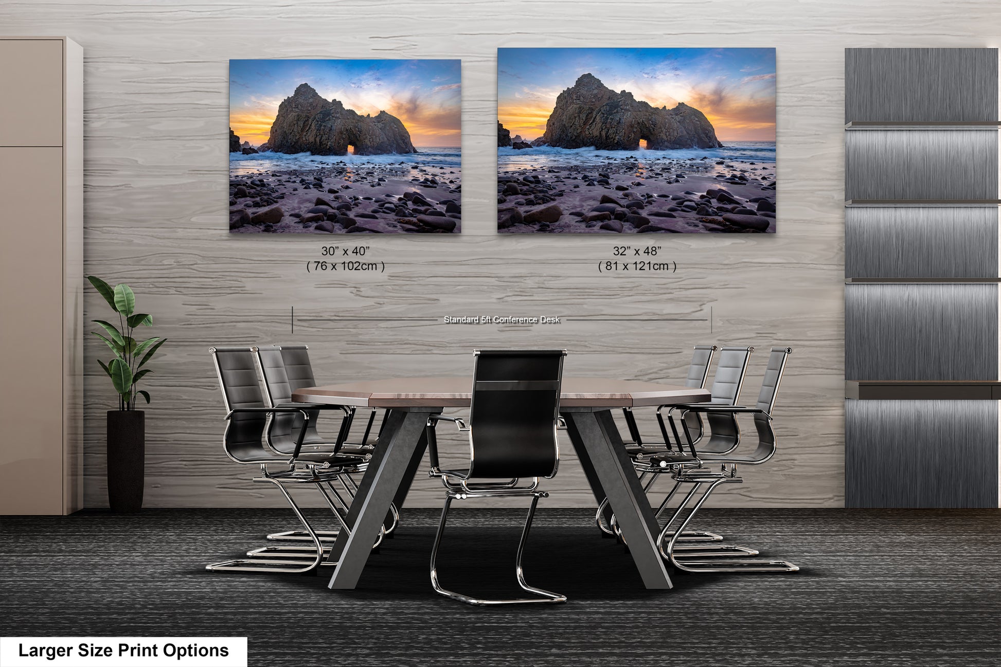 a dining room table with chairs next to a wall with two pictures on it