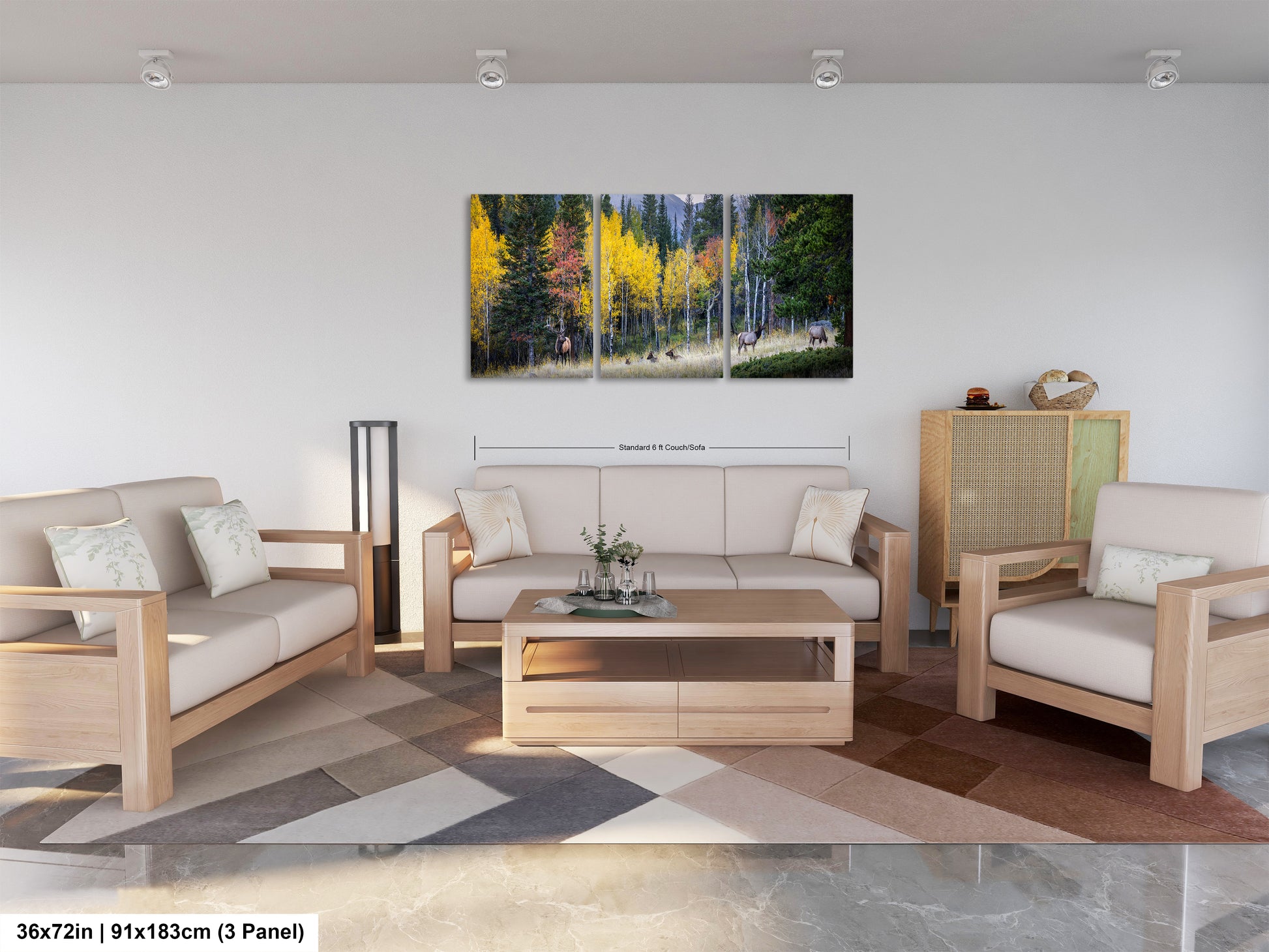a living room filled with furniture and a painting on the wall