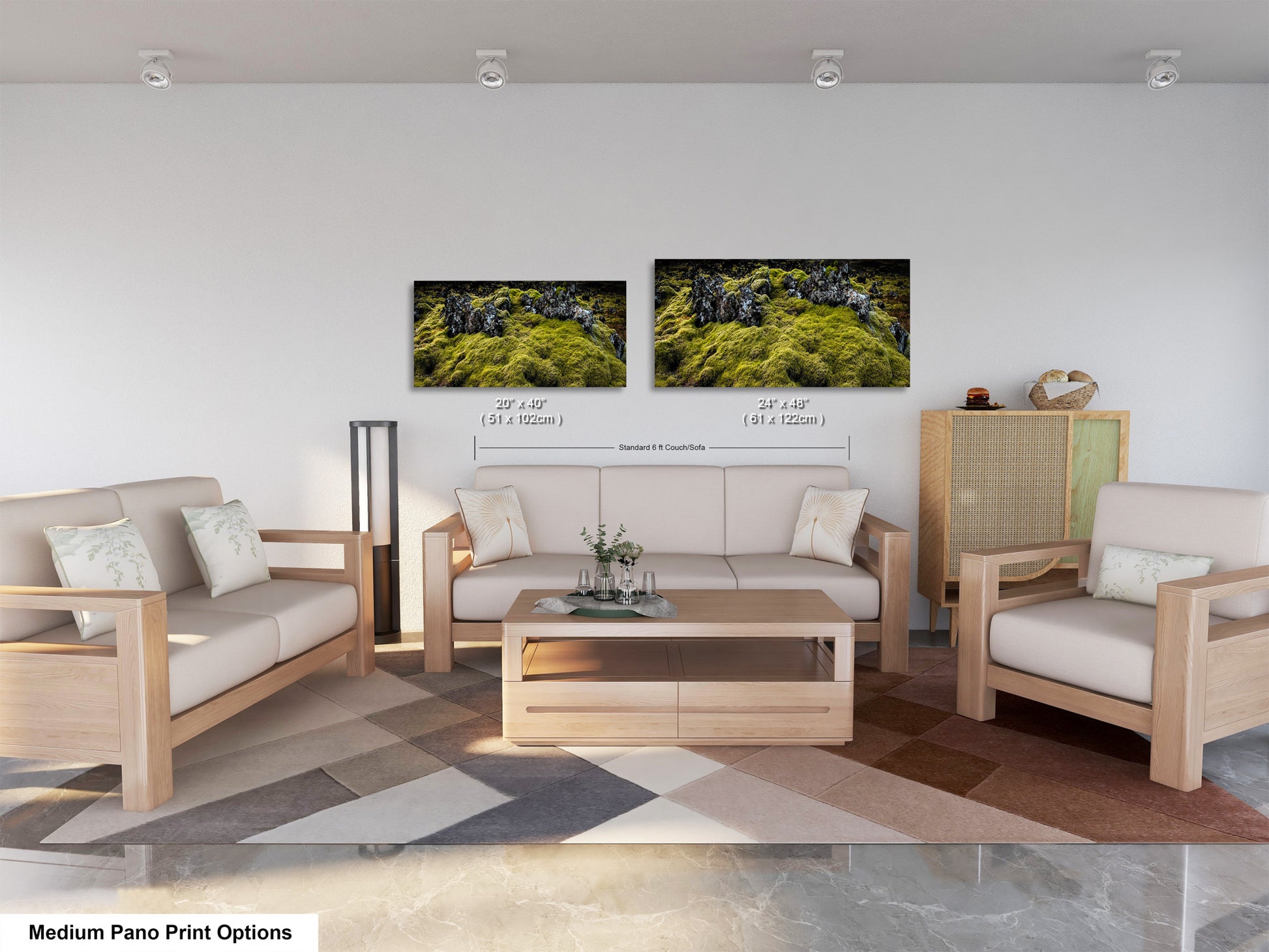 a living room filled with furniture and a painting on the wall