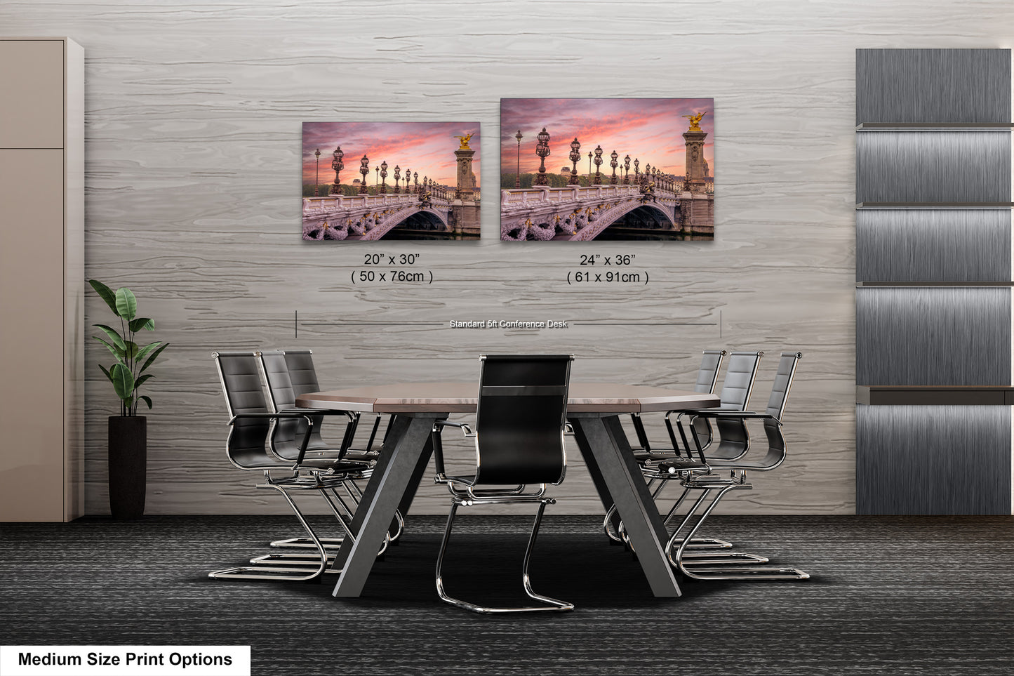 a dining room table with chairs and a picture of a bridge