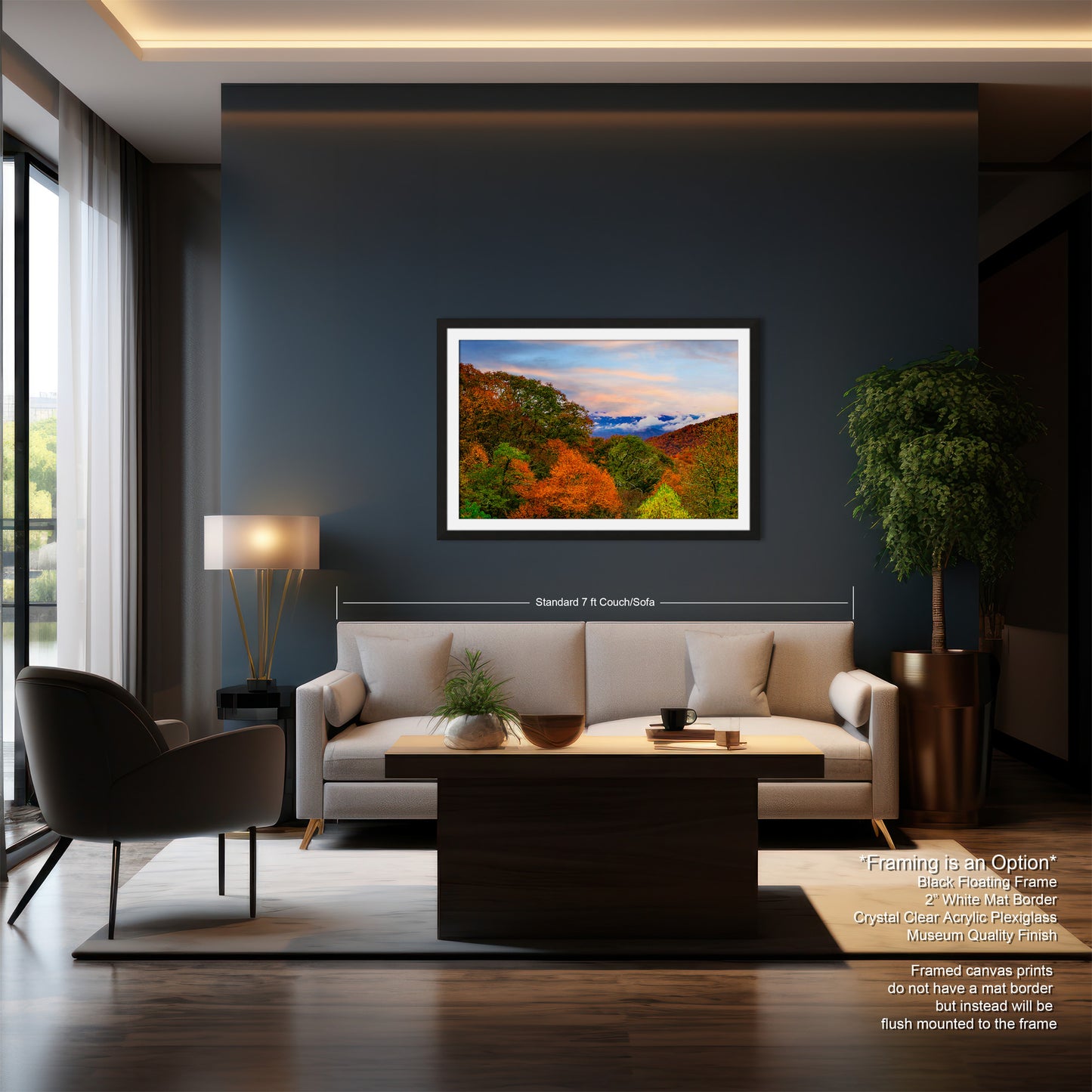 a living room with a couch a chair and a painting on the wall