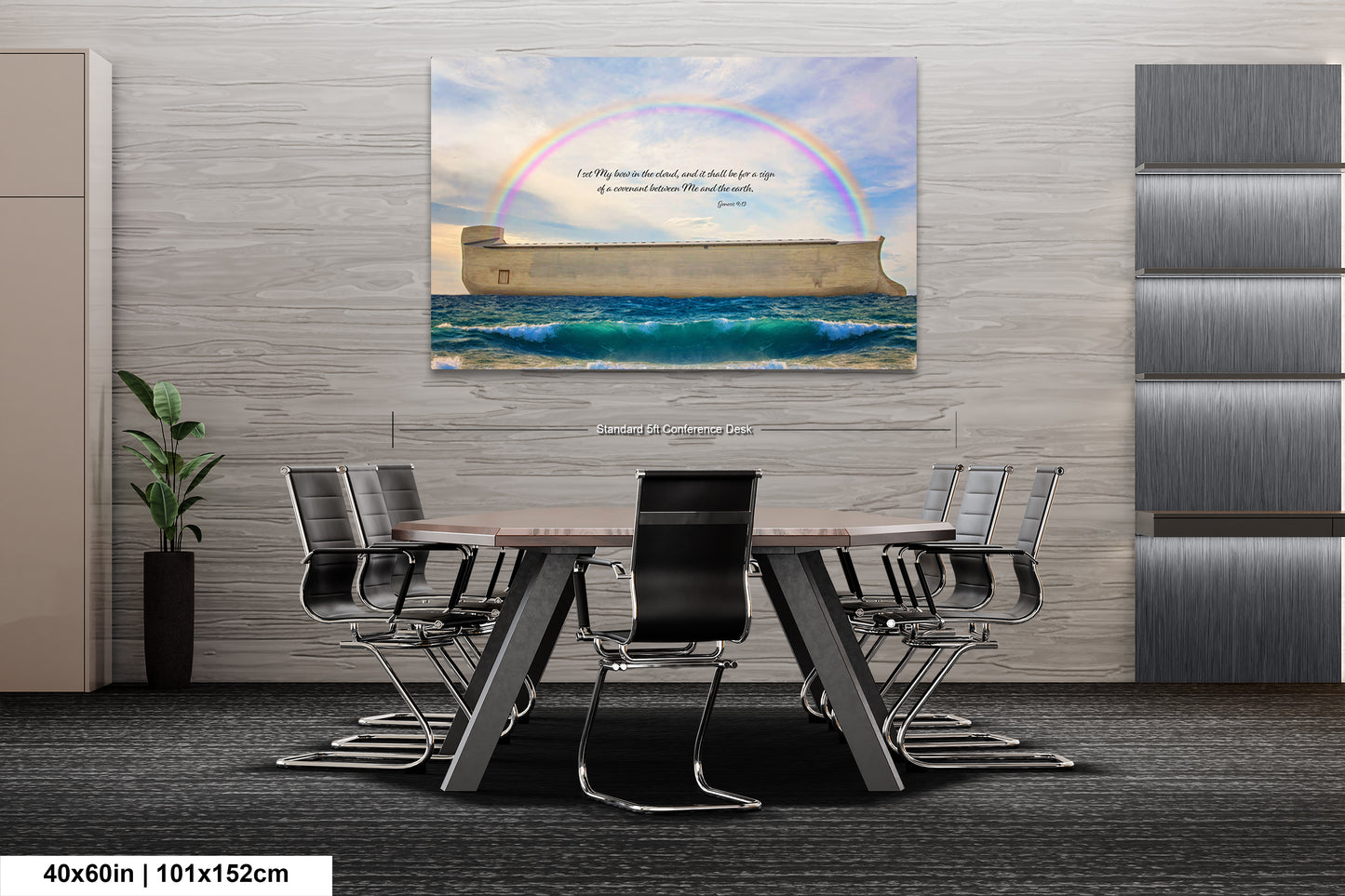 a room with a table and chairs and a painting on the wall