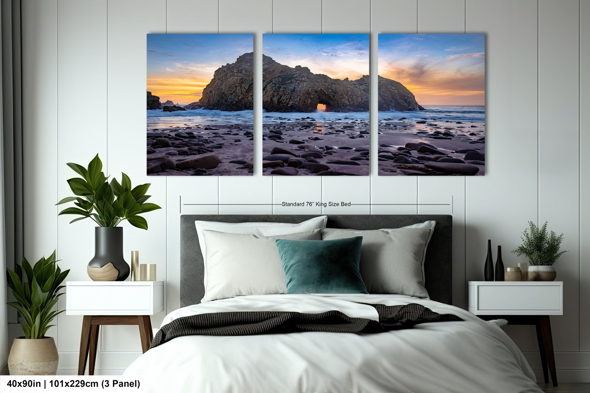 a bedroom with a bed and two paintings on the wall