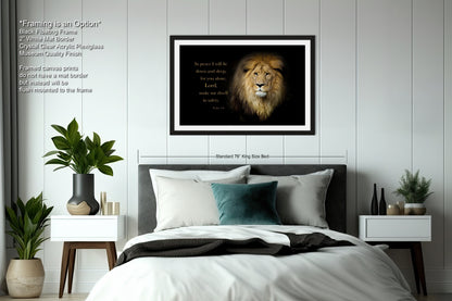 a picture of a lion on a wall above a bed