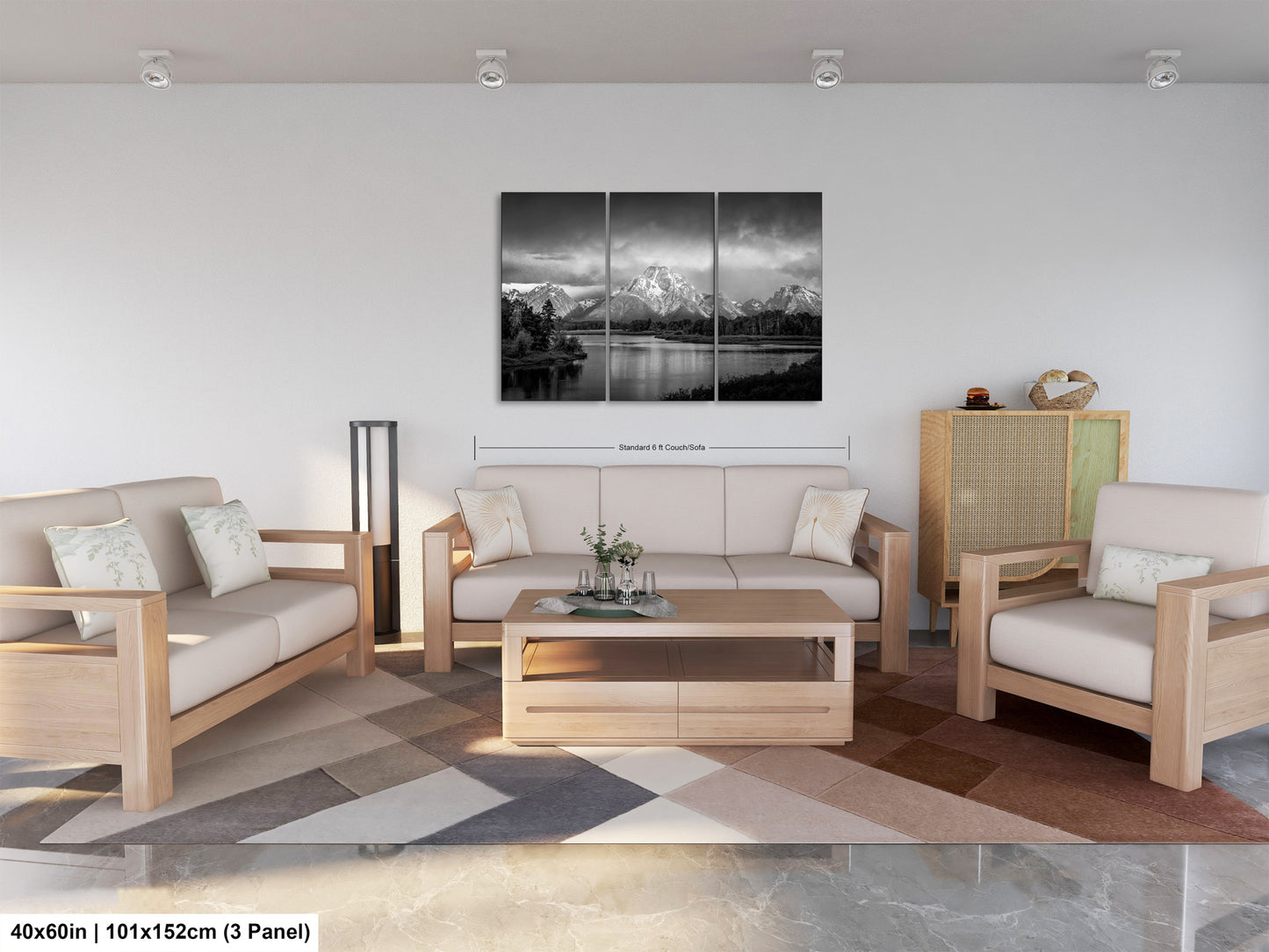 a living room filled with furniture and a painting on the wall
