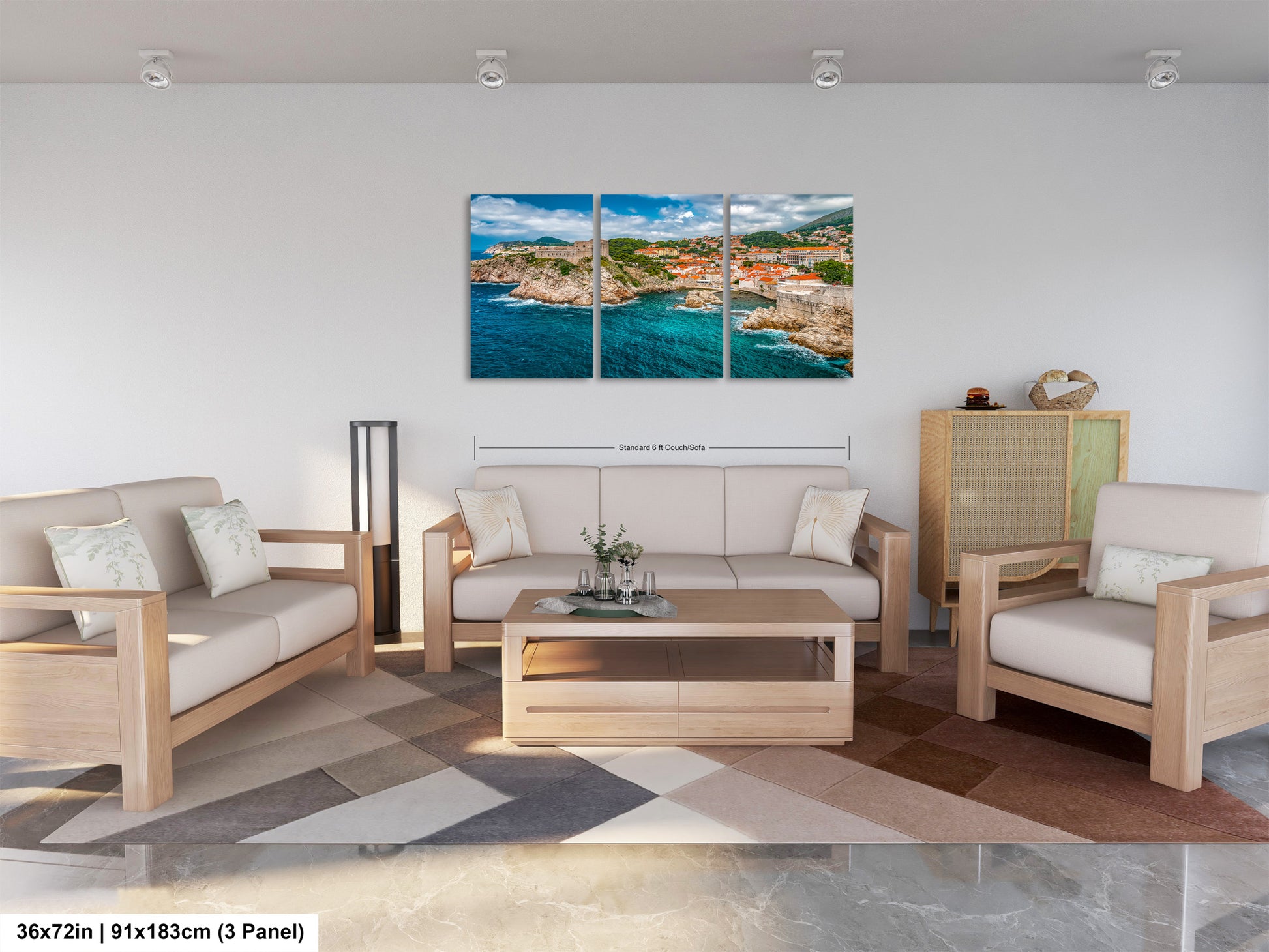 a living room filled with furniture and a painting on the wall