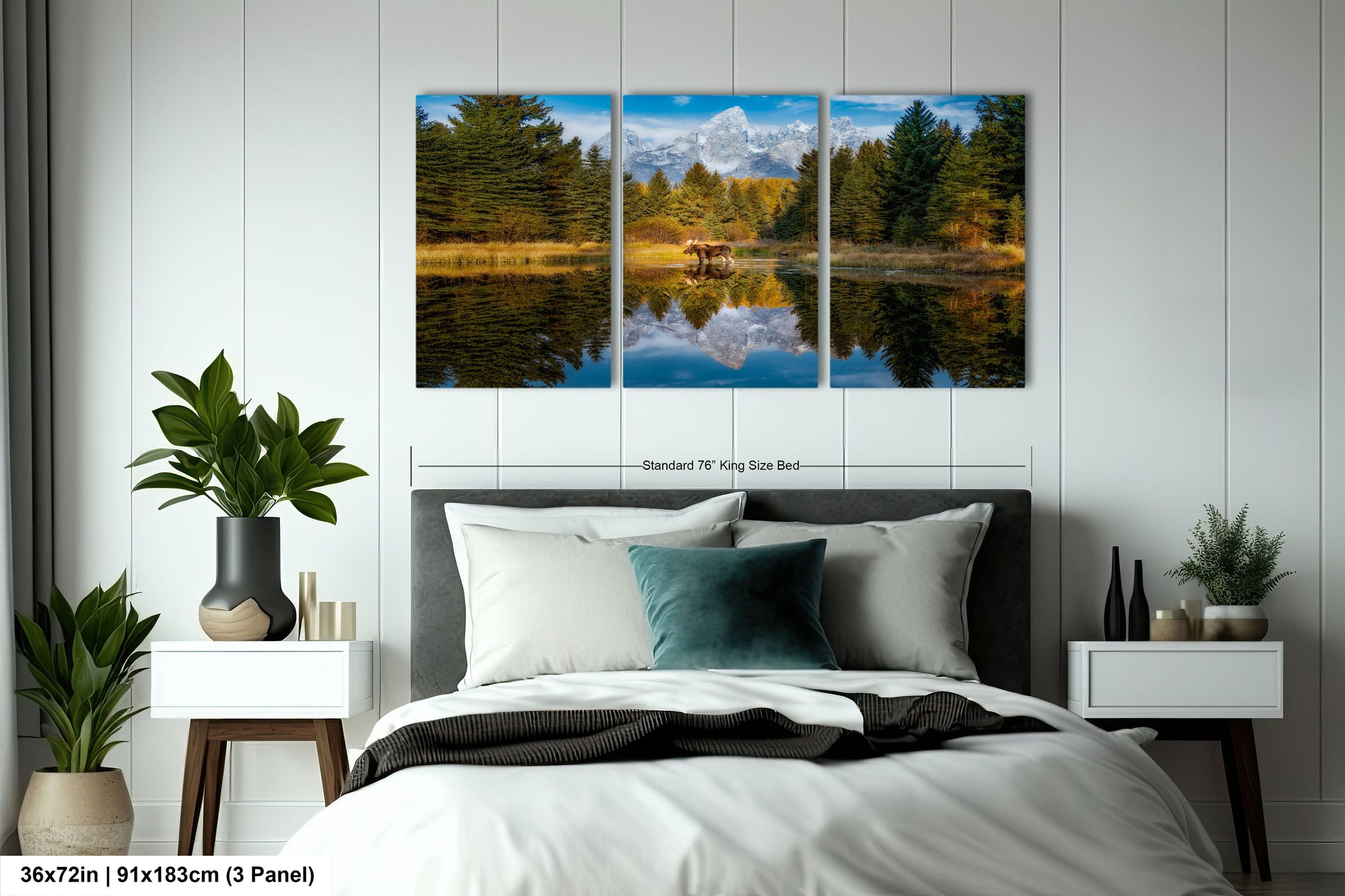 a bed room with a neatly made bed and two paintings on the wall