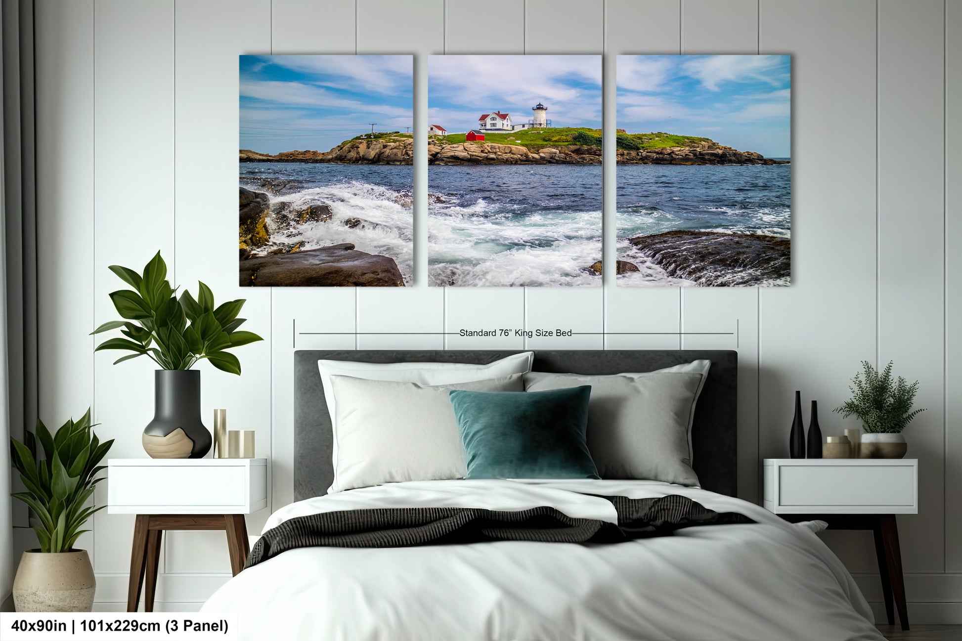 a bedroom with a bed and two paintings on the wall