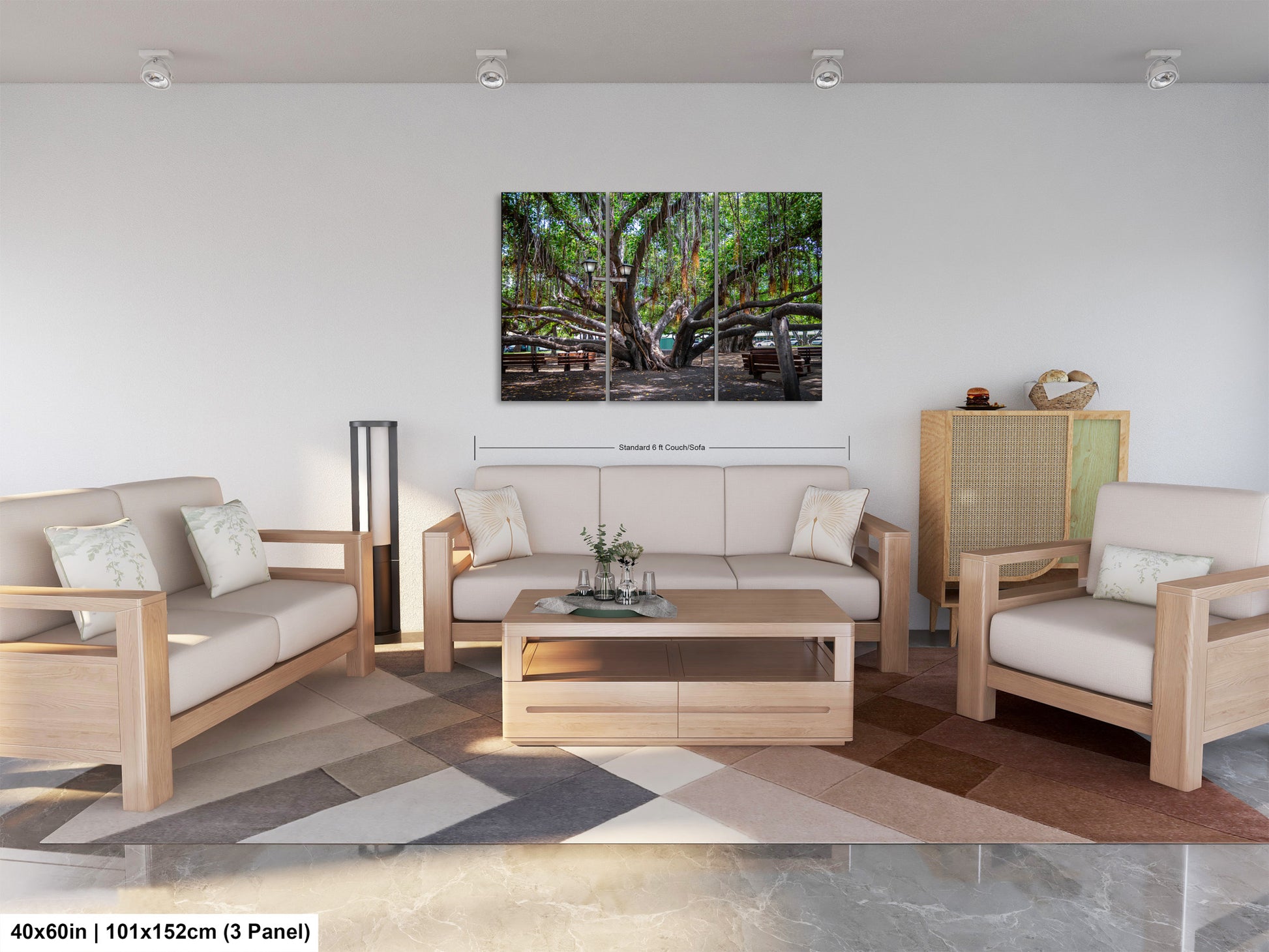 a living room filled with furniture and a painting on the wall