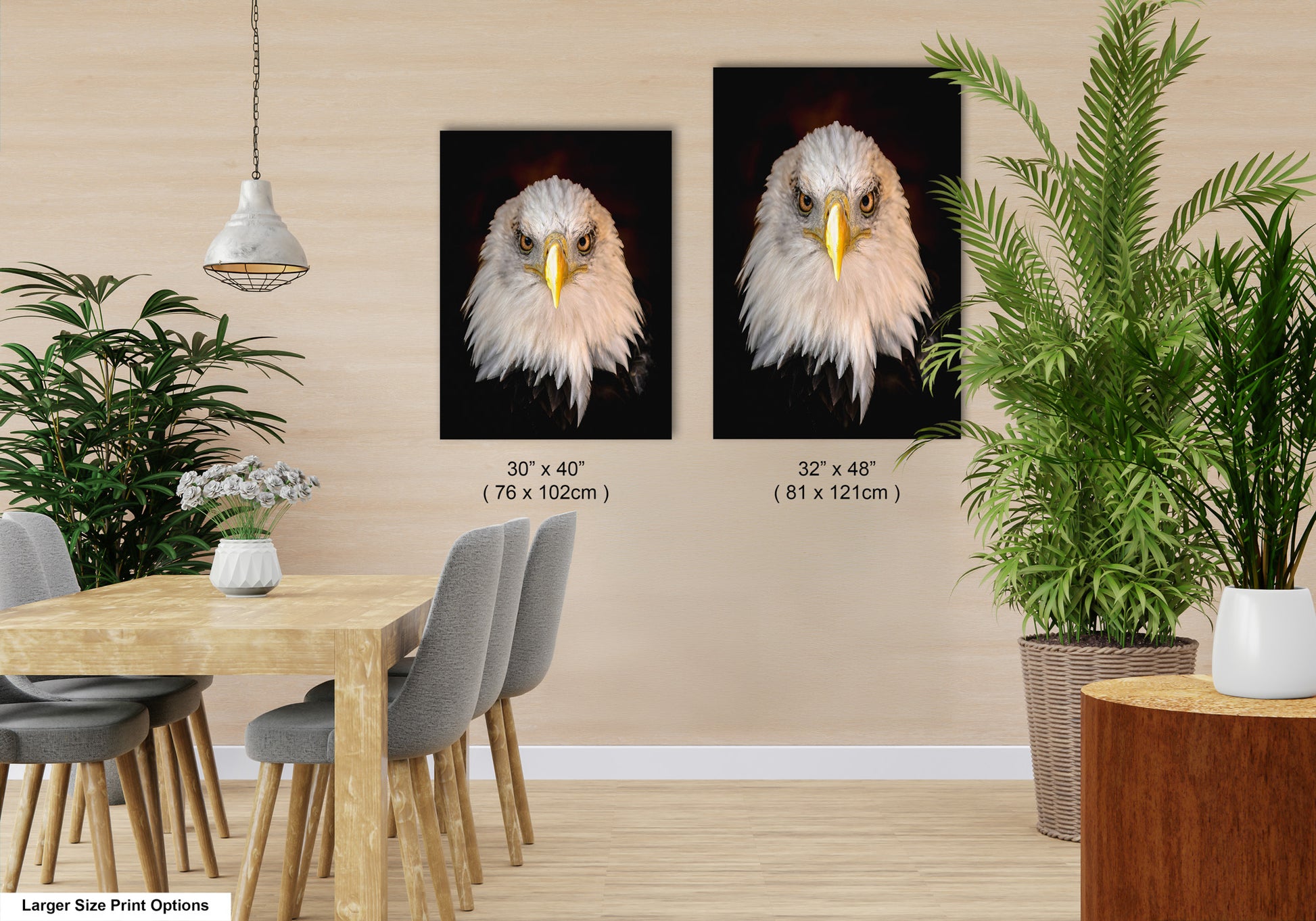 a dining room table with chairs and two pictures of an eagle