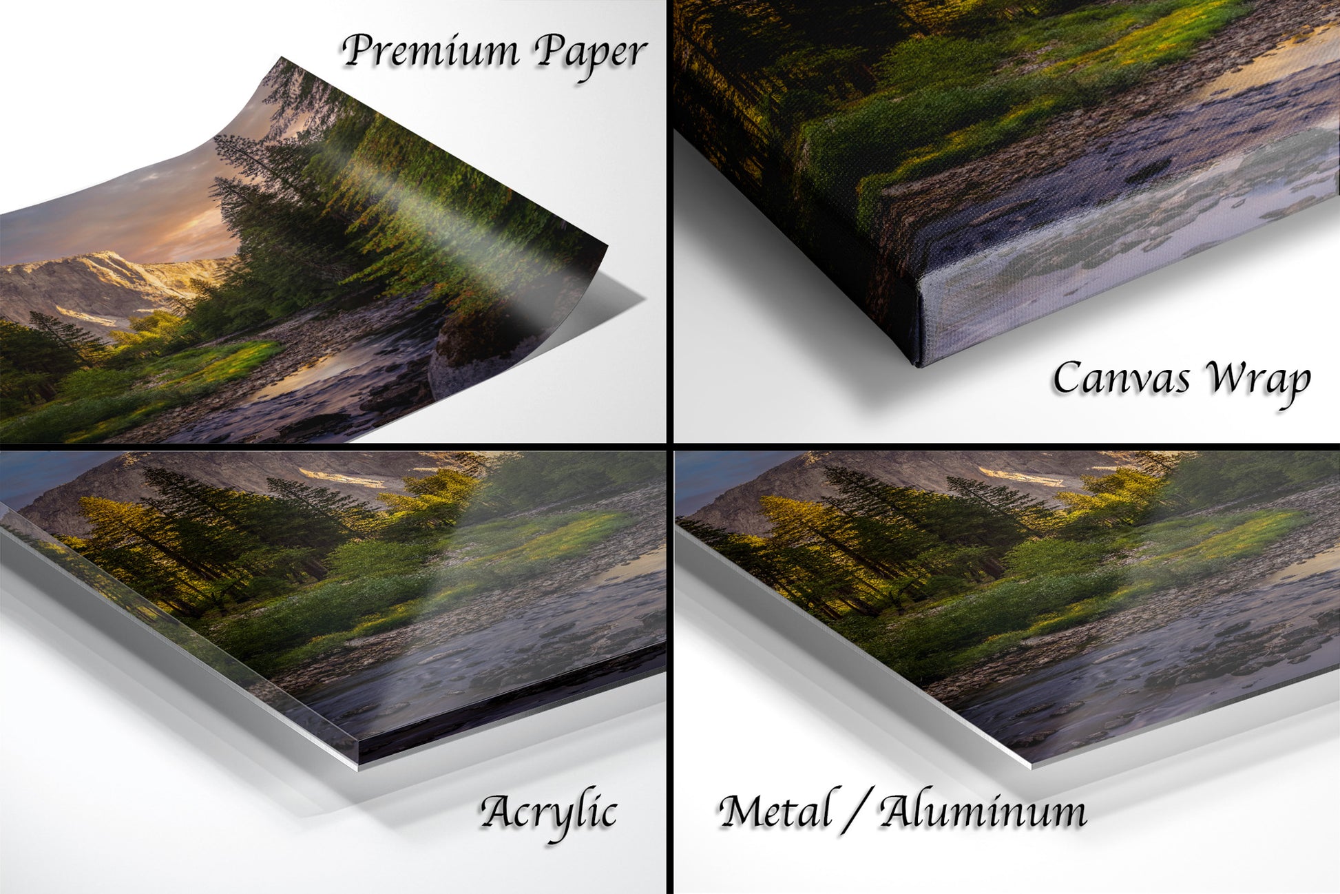 a series of four images of a mountain landscape