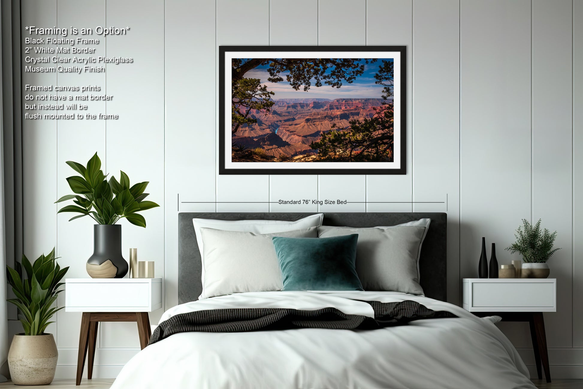 a bedroom with a bed and a picture hanging on the wall