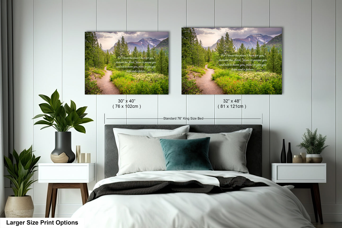 a bed room with two pictures hanging on the wall