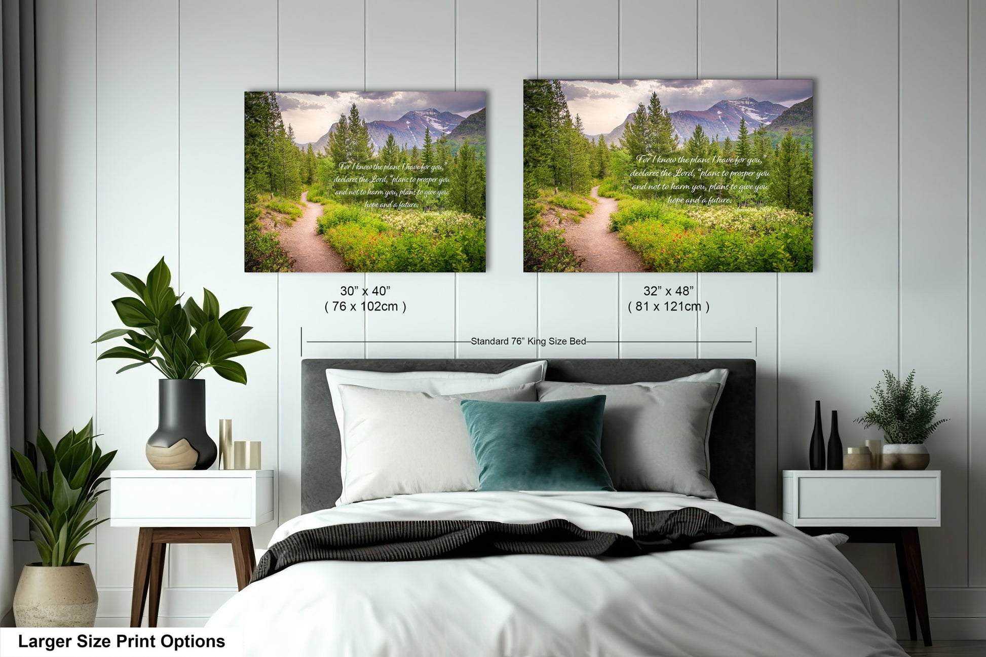 a bed room with two pictures hanging on the wall