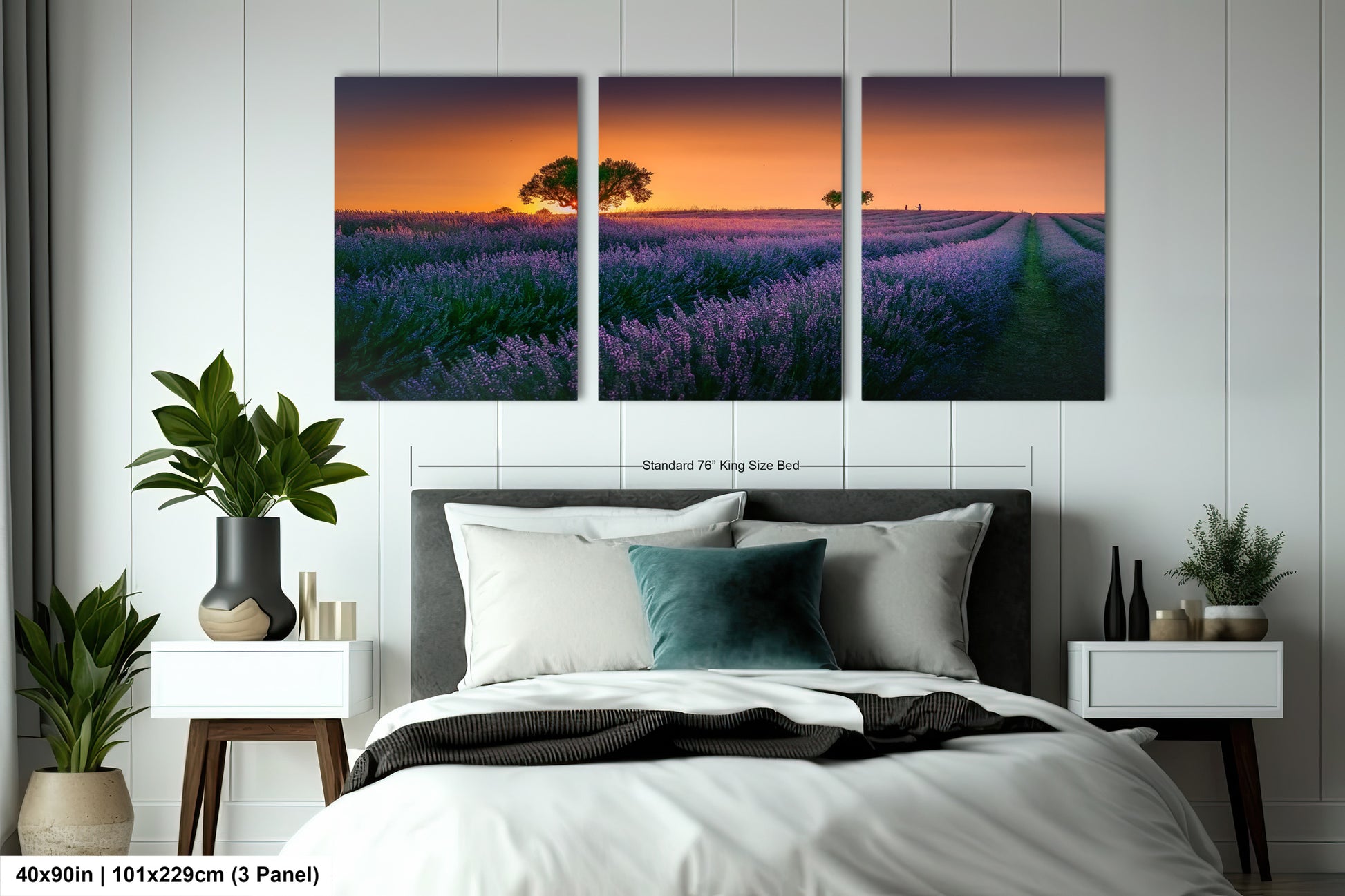 a bedroom scene with a bed and two paintings on the wall