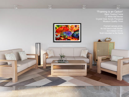 a living room filled with furniture and a painting on the wall
