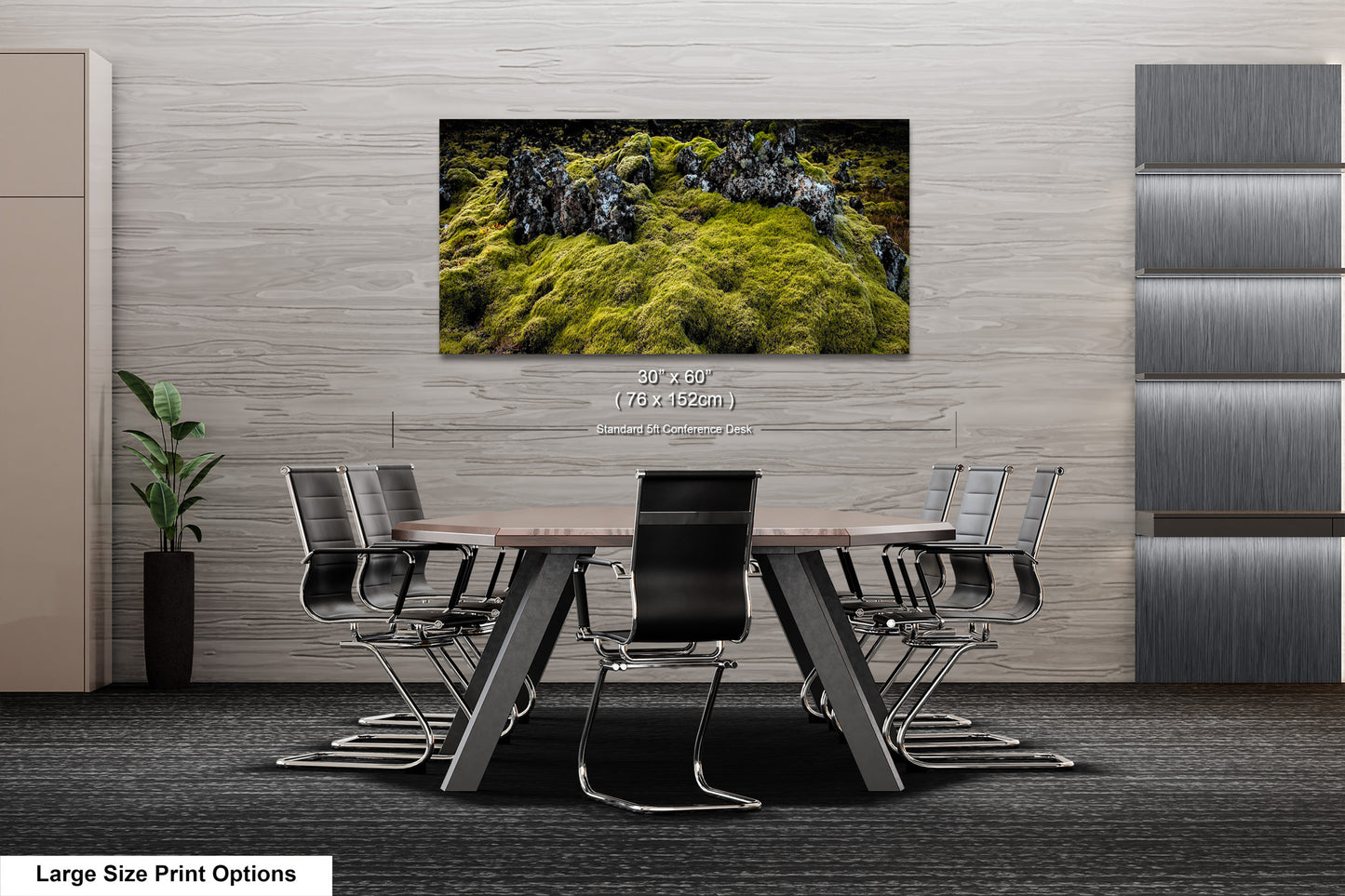 a dining room table with chairs and a painting on the wall