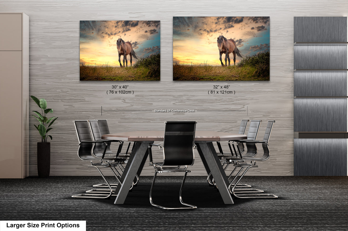 a dining room table with chairs and two pictures of horses on the wall
