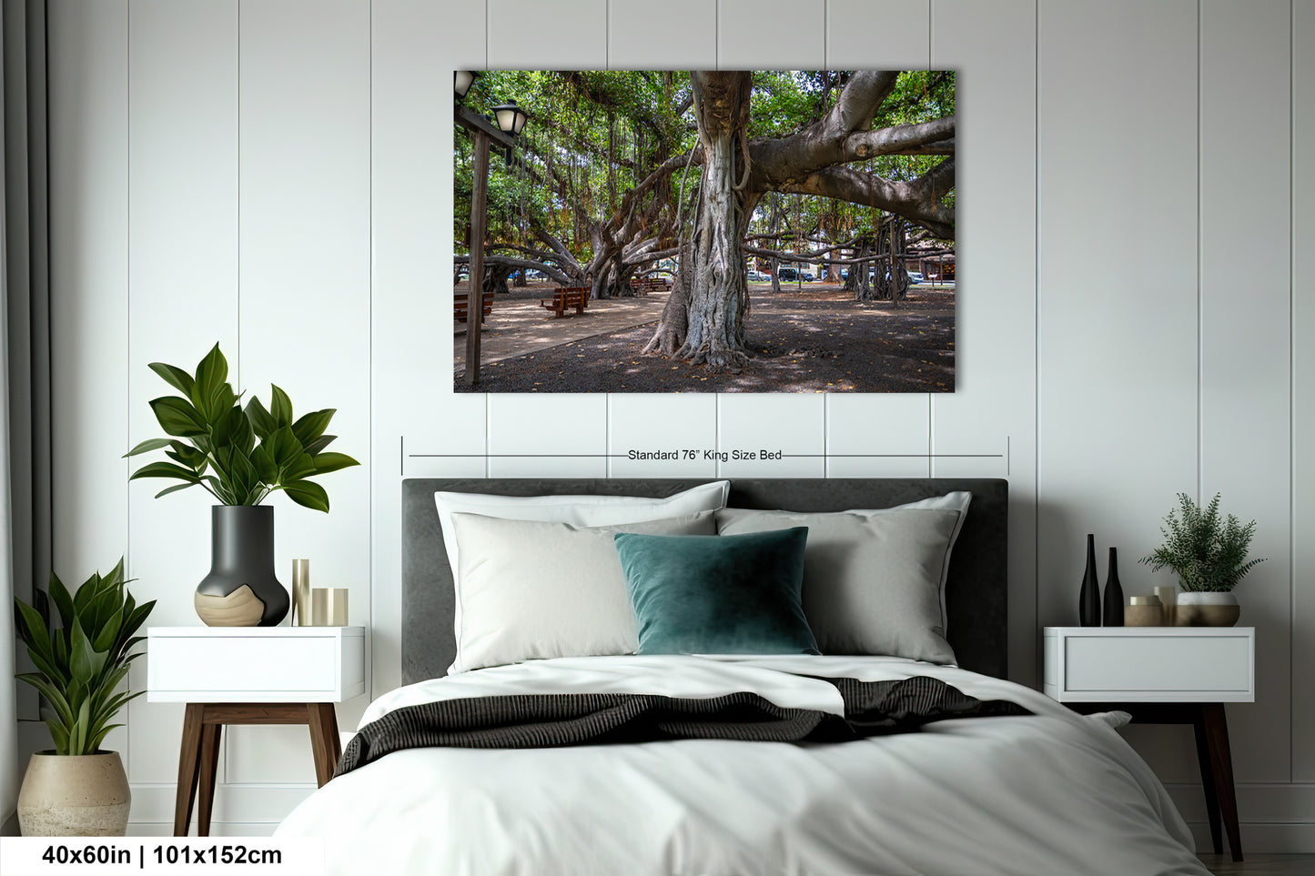 a bedroom with a large tree in the middle of it