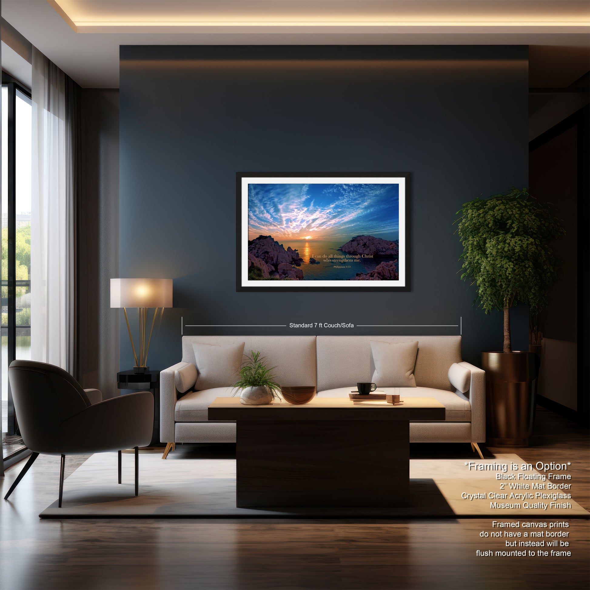 a living room with a couch a chair and a painting on the wall